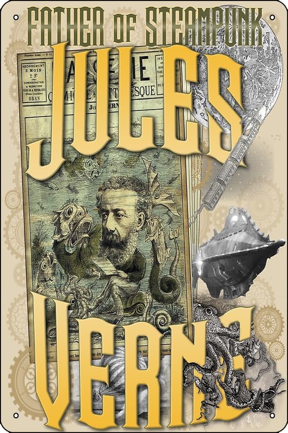 Jules Verne – Cartel de padre de Steampunk divertido cartel de metal para decoración del hogar, cocina, bar, habitación, garaje, 8 x 12 pulgadas