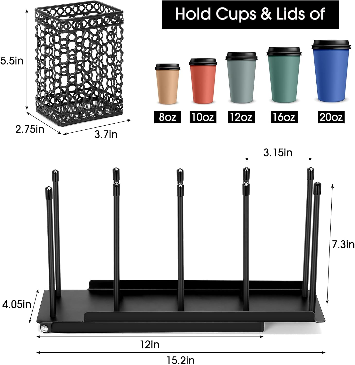 ShineMe Soporte desechable para tazas y tapas con organizador de pajita, dispensador de taza de café de metal, 4 compartimentos ajustables de