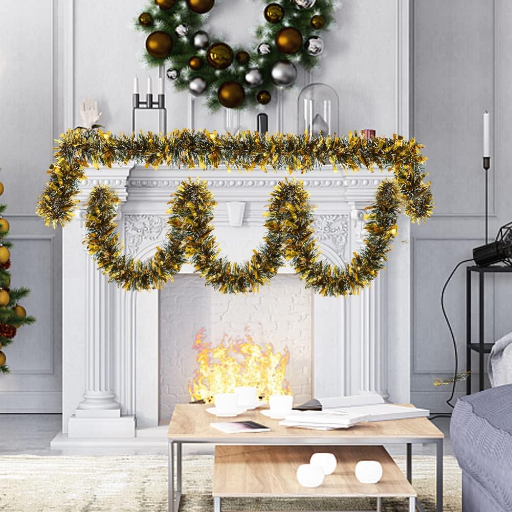 Guirnalda de oropel de Navidad de 33 pies para decoración de árbol de Navidad, serpentinas metálicas gruesas y finas, guirnalda de oropel para