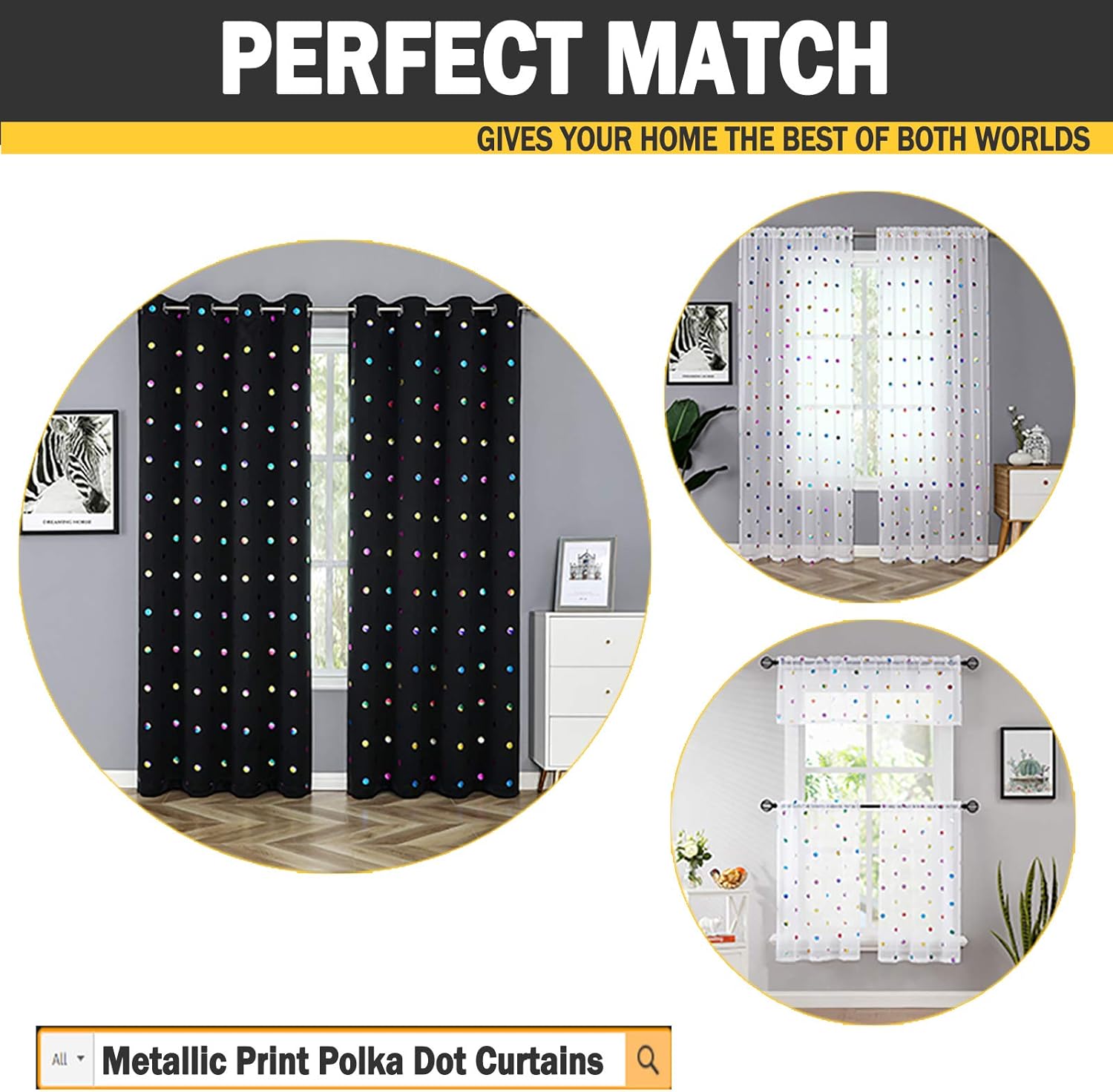 Urban Lotus Cortinas de cocina semitransparentes blancas para comedor de 45 pulgadas de largo, cortinas coloridas con estampado de lunares