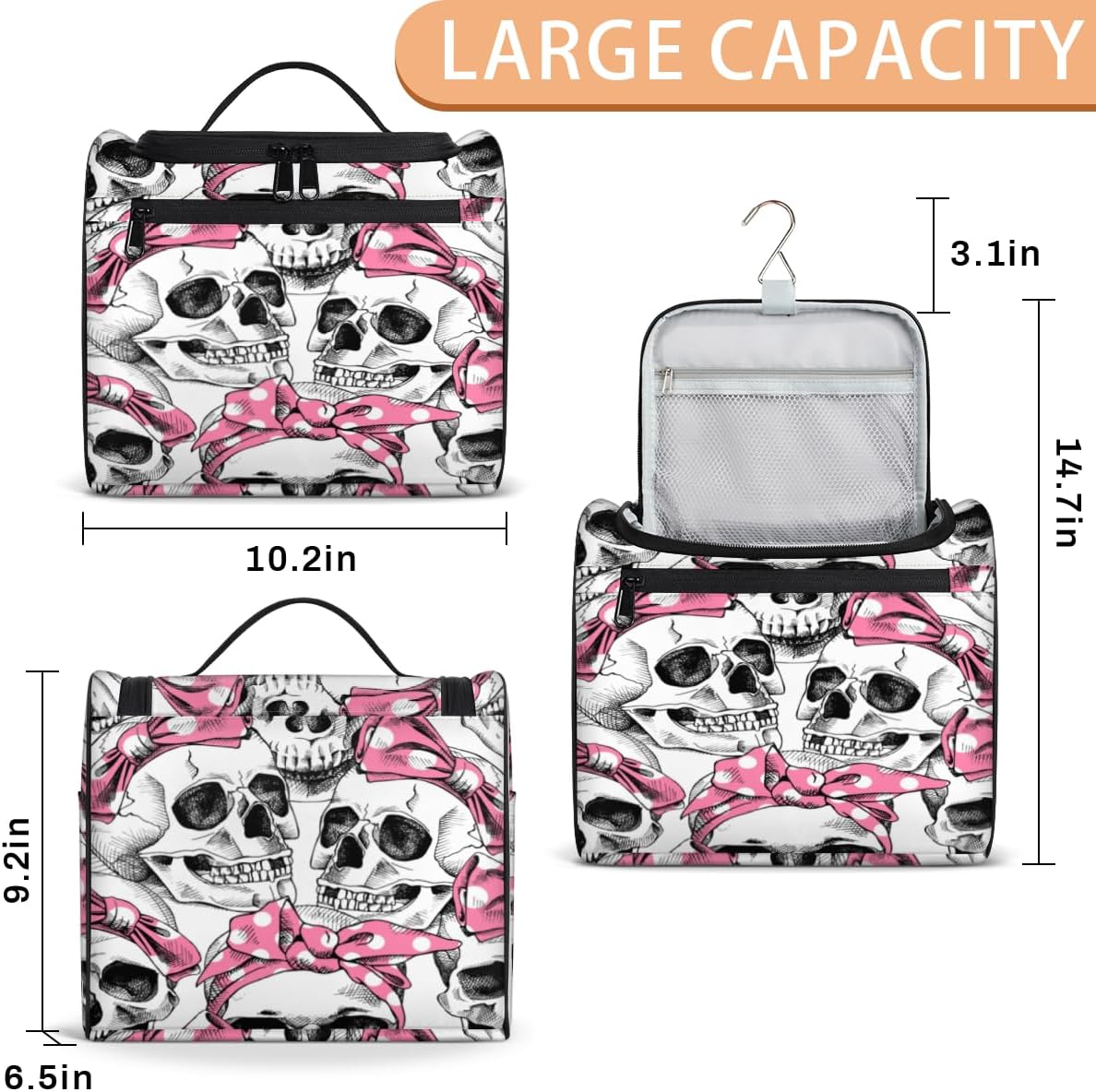 Skull Fun Style Toiletry Bag for Women Travel Makeup Organizer with Hanging Hook Traveling Cosmetic Bags for Toiletries Accessories
