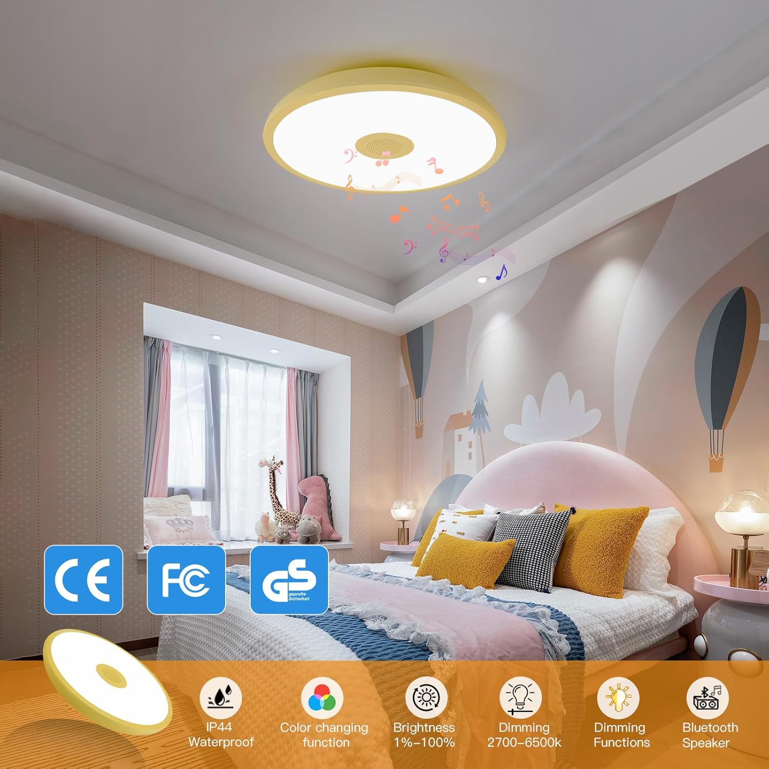 Lámpara de techo LED impermeable amarilla, lámpara de techo de música, con altavoz Bluetooth, 11 pulgadas, 18 W, 2700 K-6500 K, luz RGB regulable