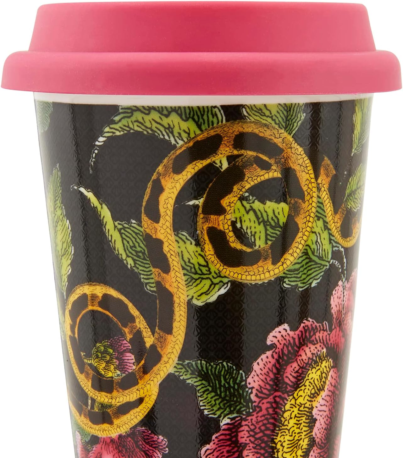 Spode Creatures of Curiosity Collection – Taza de viaje con tapa, vaso para café y té, taza de agua, 10 onzas, diseño floral oscuro, apto para