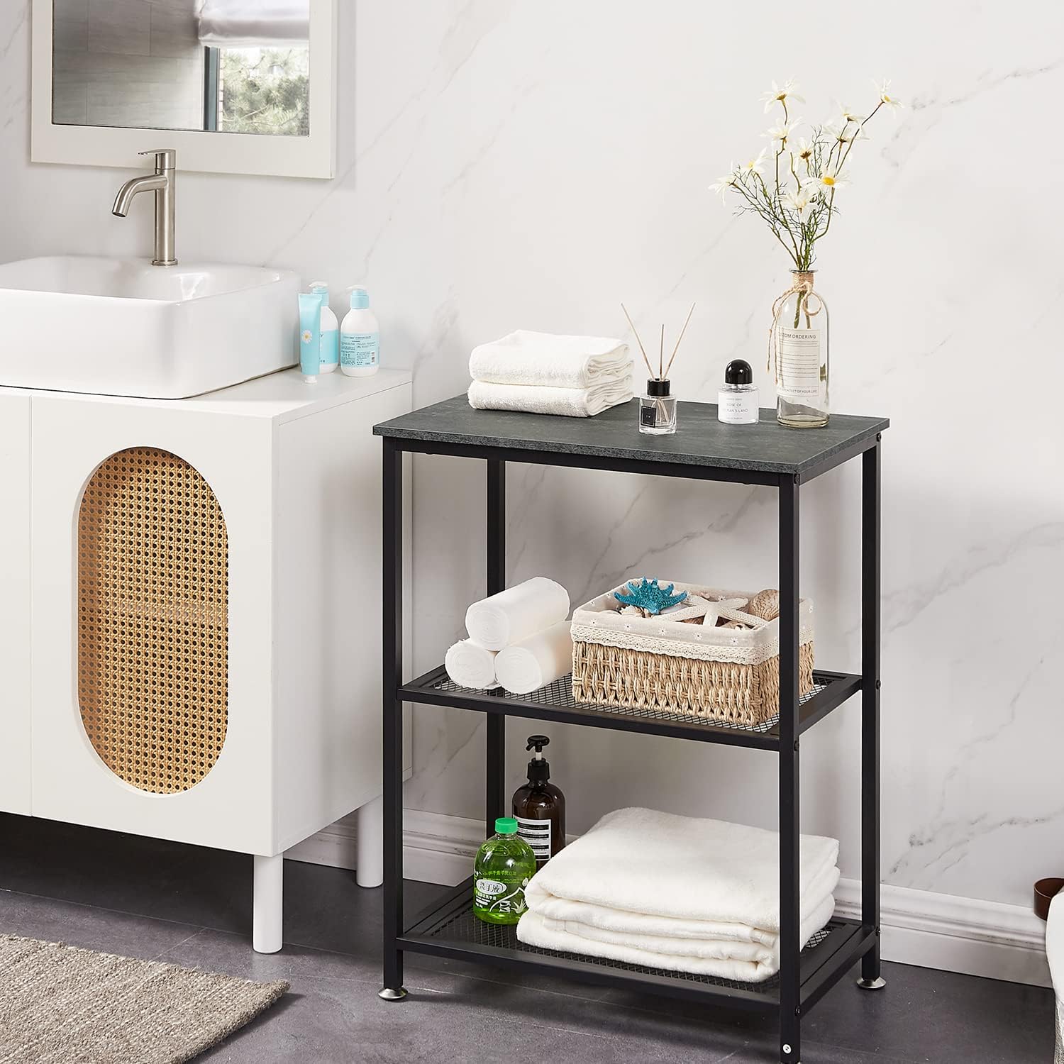 VECELO Mesitas de noche industriales de 3 niveles con gran almacenamiento y estantes de malla para sala de estar, dormitorio, ahorro de espacio,