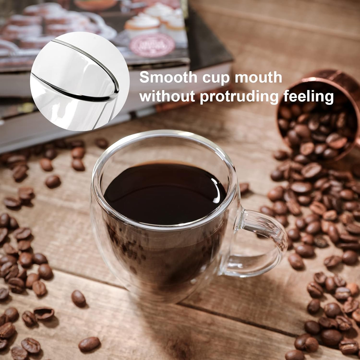 KitchenTour – Juego de 4 tazas aisladas de doble pared de 6 onzas con asa, juego de 4 tazas pequeñas de vidrio para máquina de café expreso y