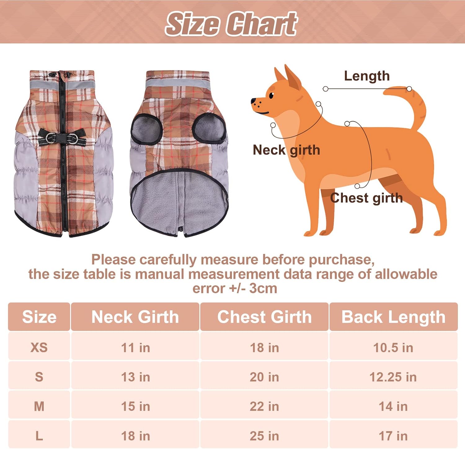 BEAUTYZOO Abrigo de invierno a cuadros para perro, chaqueta reflectante mejorada para perro, forro polar acolchado con arnés integrado, ropa