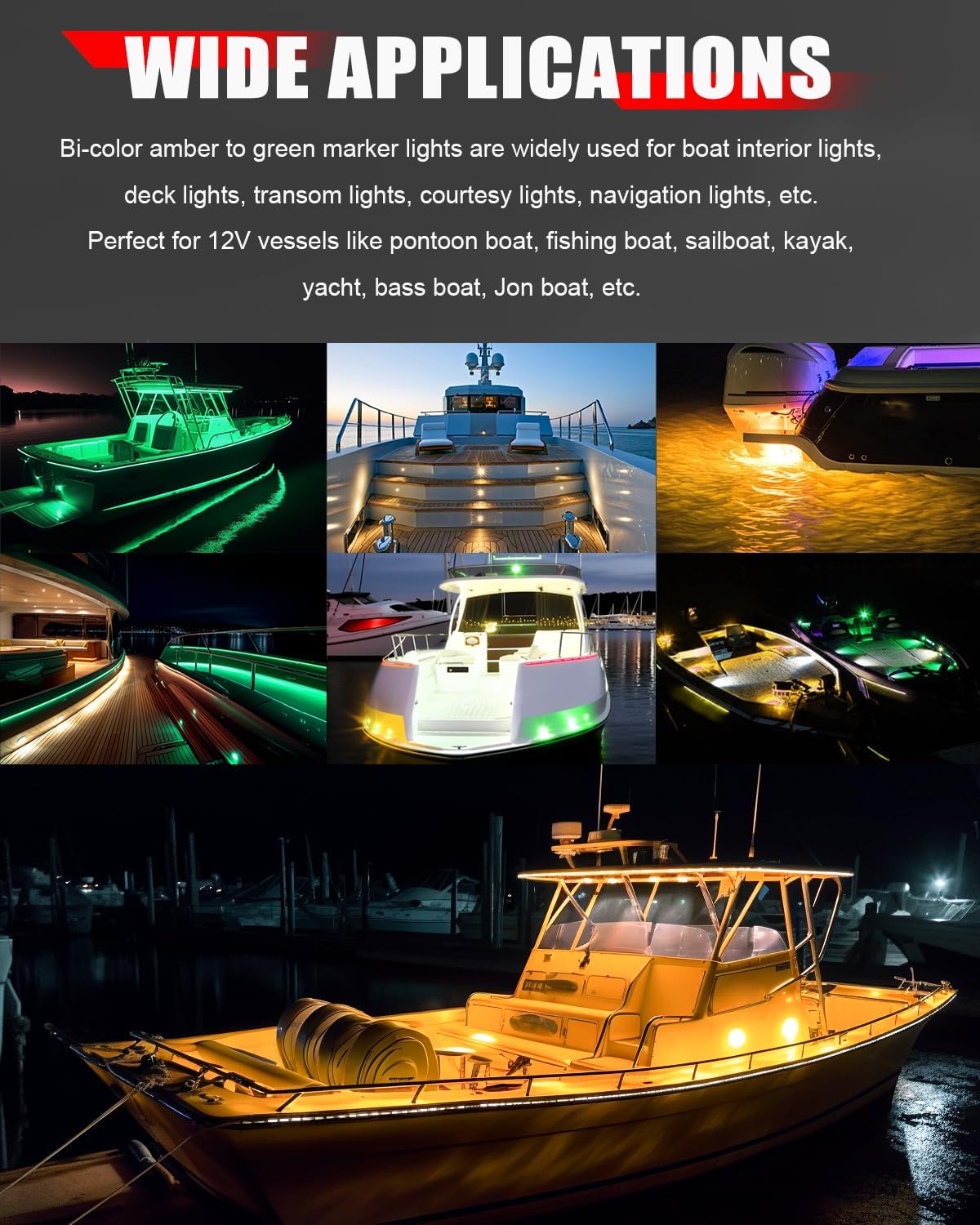 Luces marinas para barco, impermeables, ámbar a verde, de doble color, LED para interior de barco, cubierta de cortesía, luz de navegación de 34