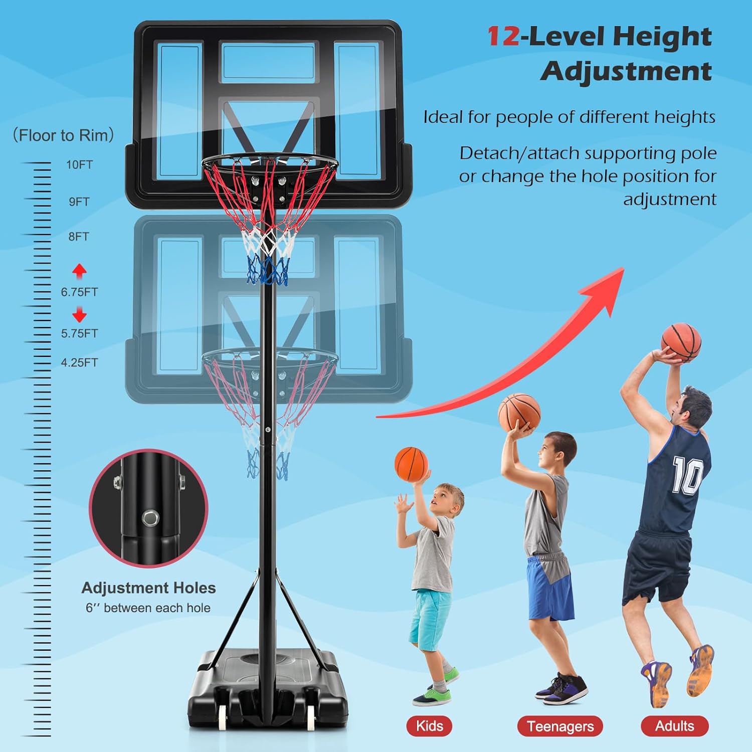 GYMAX Aro de baloncesto para exteriores, sistema de portería de baloncesto portátil ajustable de 4.25 a 10 pies, tablero trasero inastillable de 44