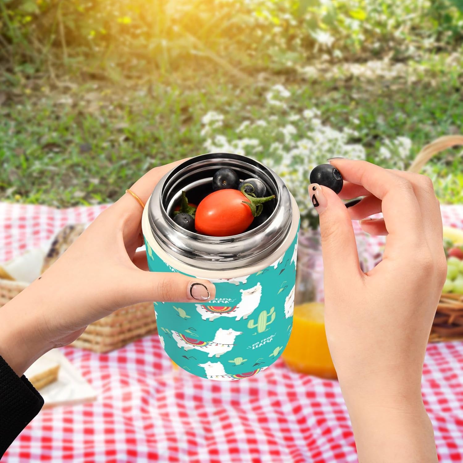 Llama – Tarro de alimentos aislado al vacío de acero inoxidable de 16 onzas, con cuchara plegable, boca ancha, termos de sopa a prueba de fugas para