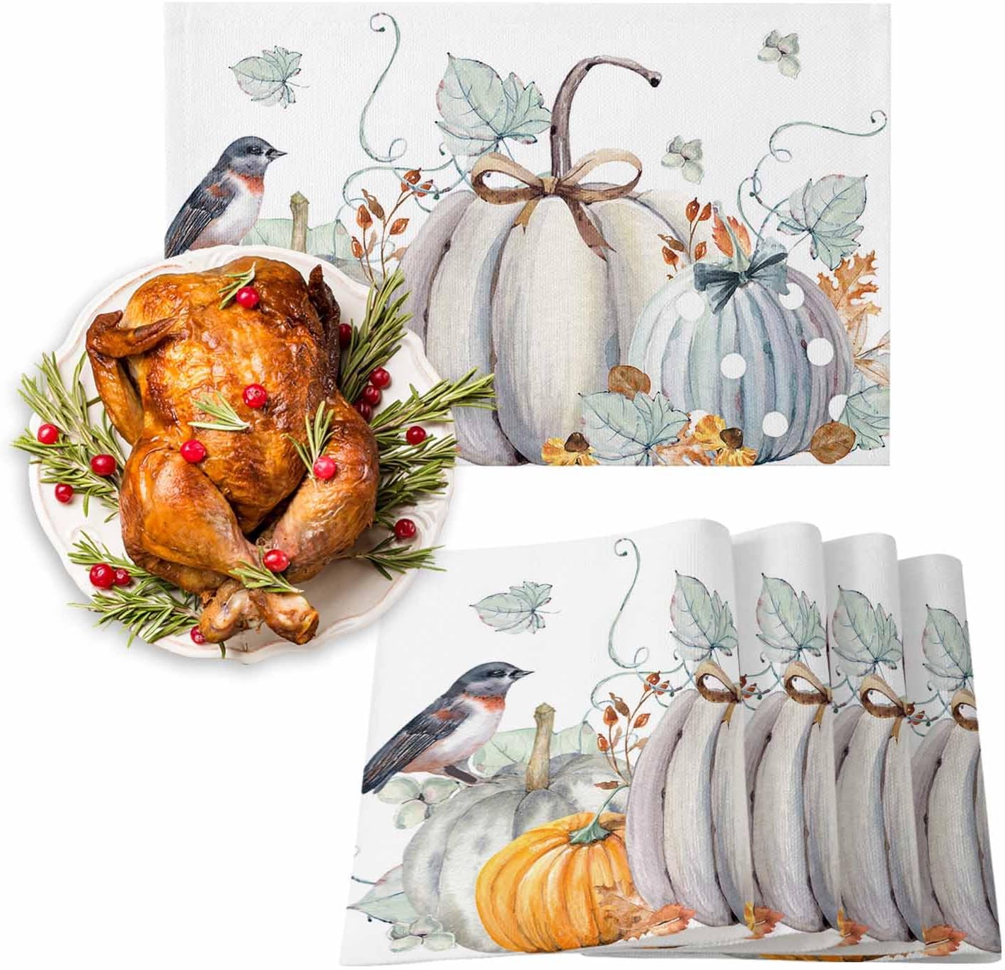 Juego de 6 manteles individuales de otoño, manteles individuales de calabaza blanca para decoración de mesa de comedor, manteles individuales de