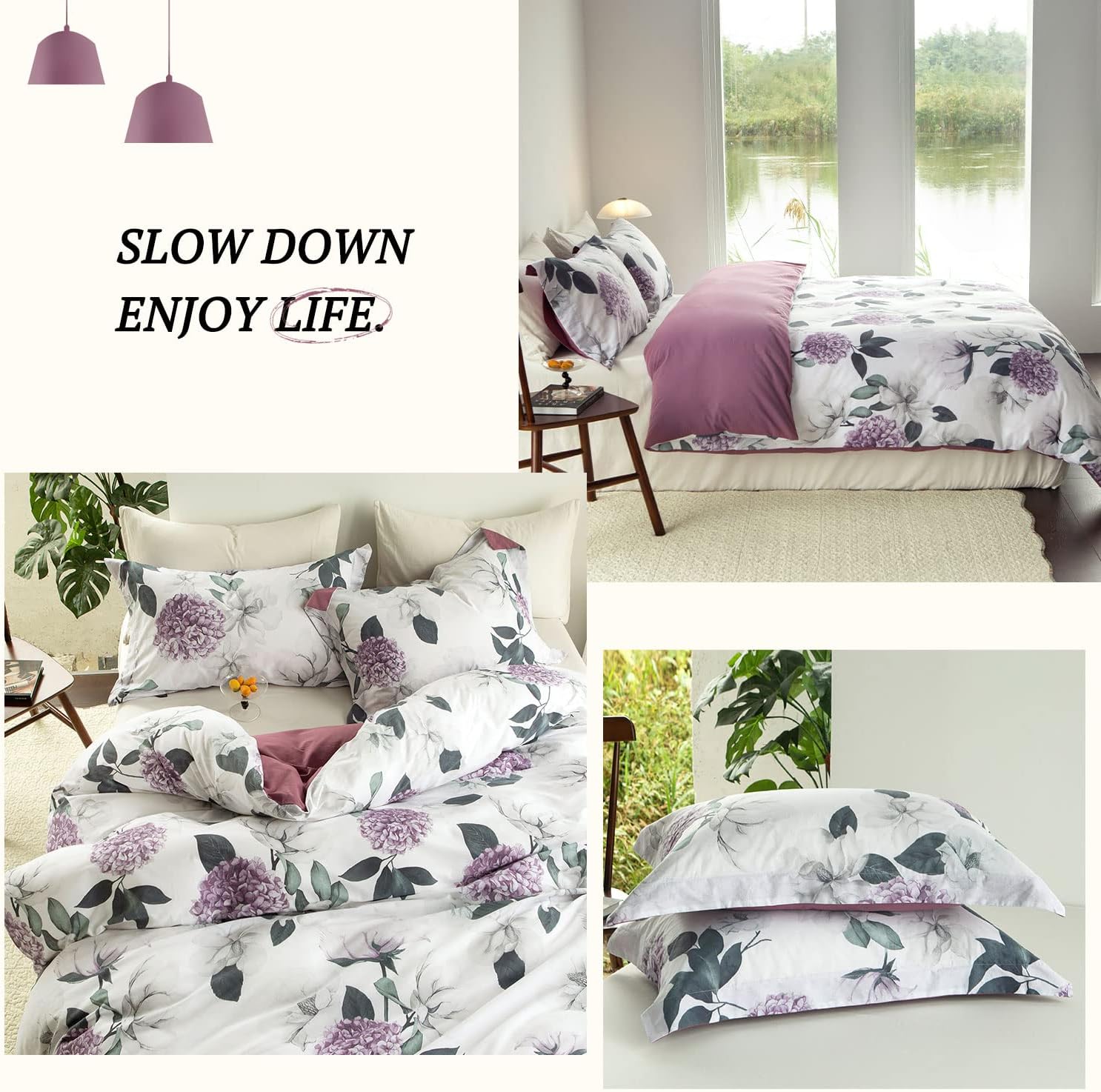MILDLY Juego de funda de edredón 100% algodón lavado, juego de funda de edredón floral de hortensias moradas, juego de ropa de cama con cierre de