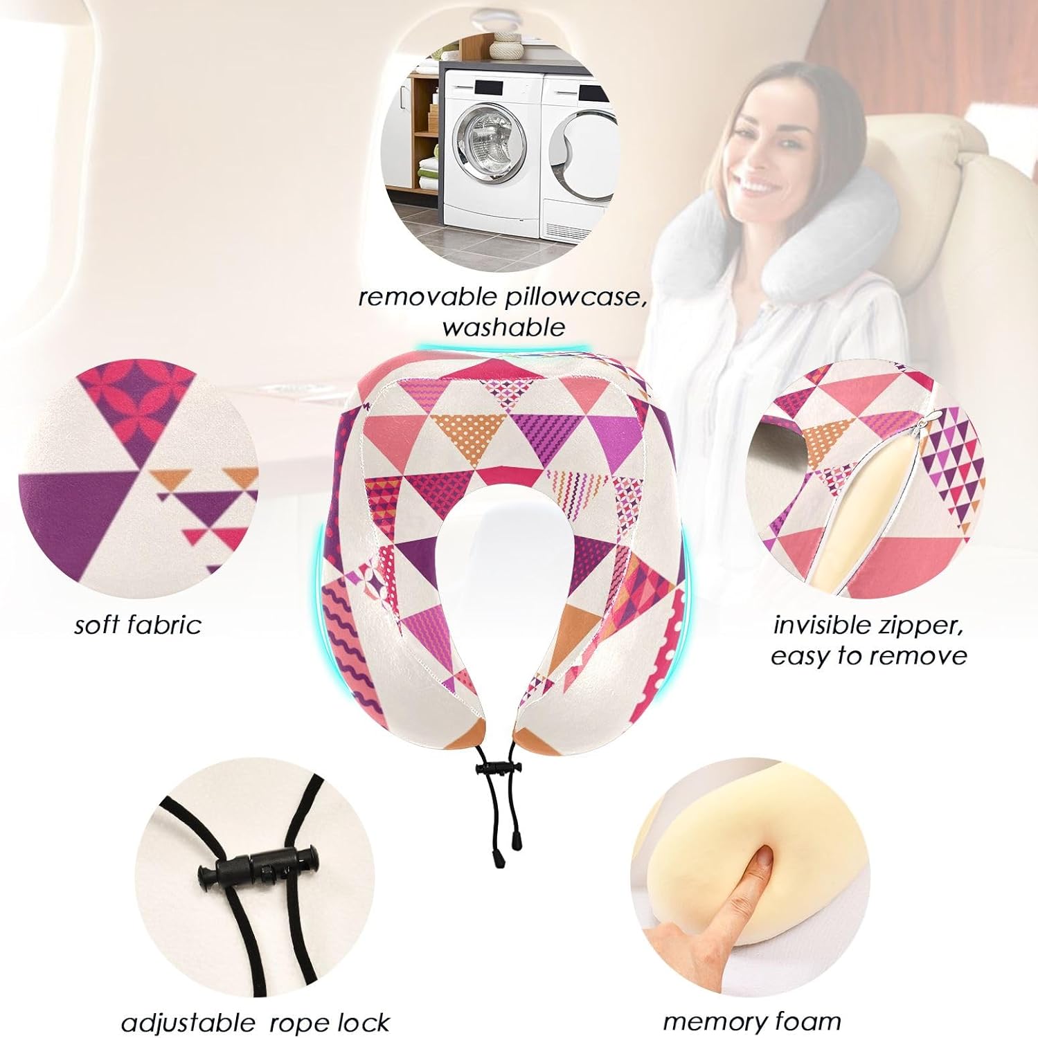 Joisal Almohadas portátiles del viaje del patrón geométrico del triángulo, almohadas en forma de U para el avión, almohada del cuello de los niños