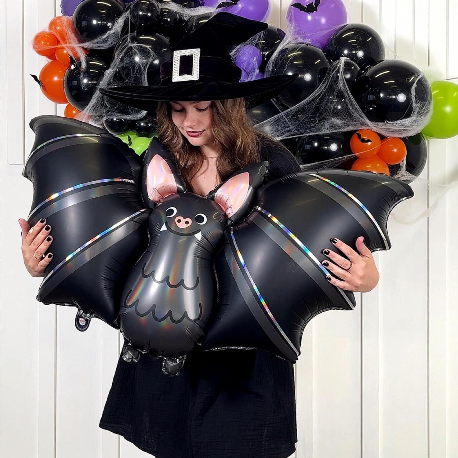 HOUSE OF PARTY Globo de aluminio de murciélago de 40 pulgadas de Halloween con 50 globos de látex de murciélago negro, naranja, morado, blanco para