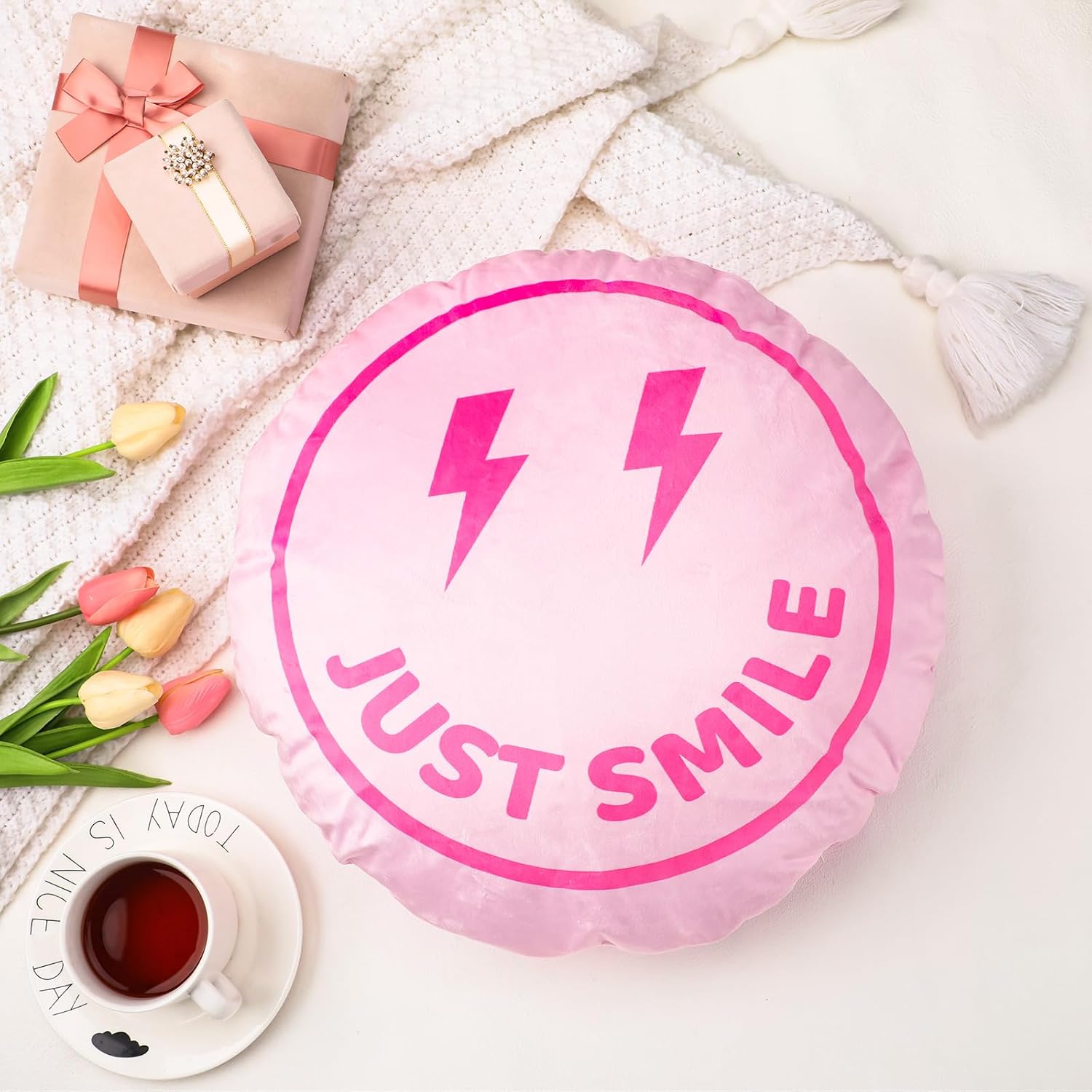 Almohada de preppy linda almohada de cara sonriente rosa, almohada de relleno, almohada de preparación para adolescentes, niñas, dormitorio,