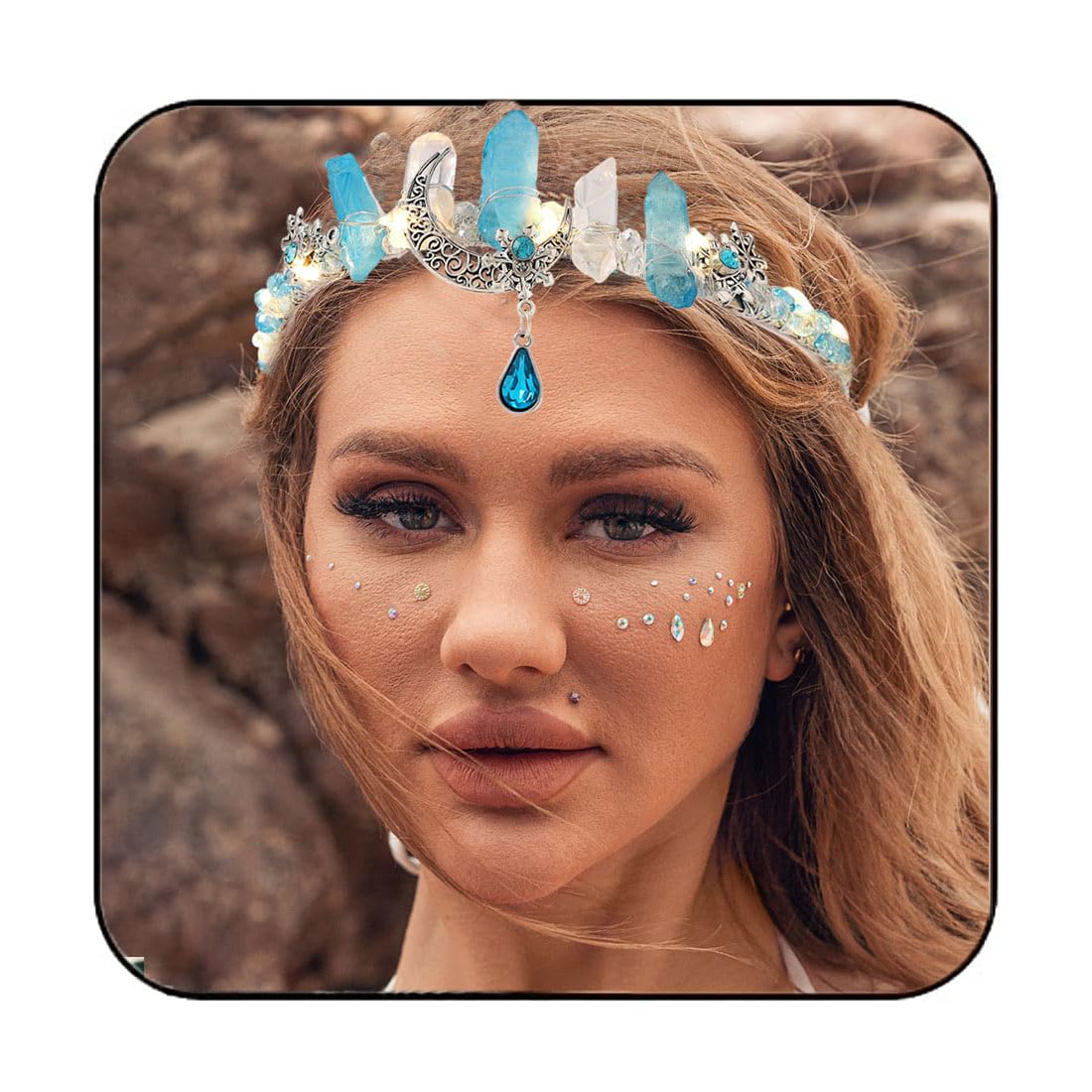 Aukmla Diadema de corona de cuarzo de cristal crudo azul iluminado, diadema de princesa con luz LED, tiara de piedras naturales, banda para el