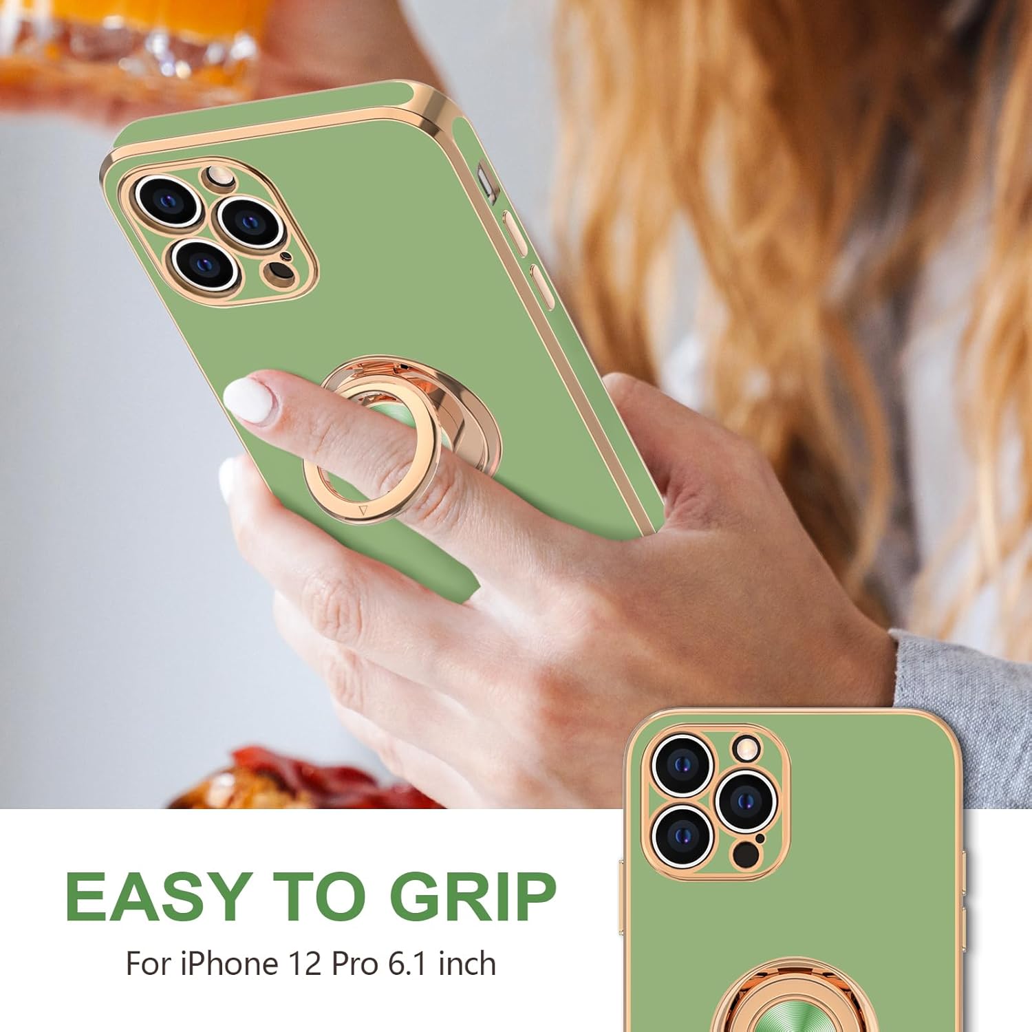 Hython Funda para iPhone 12 Pro con soporte de anillo, soporte de anillo giratorio de 360, soporte magnético, chapado en oro rosa, TPU suave,