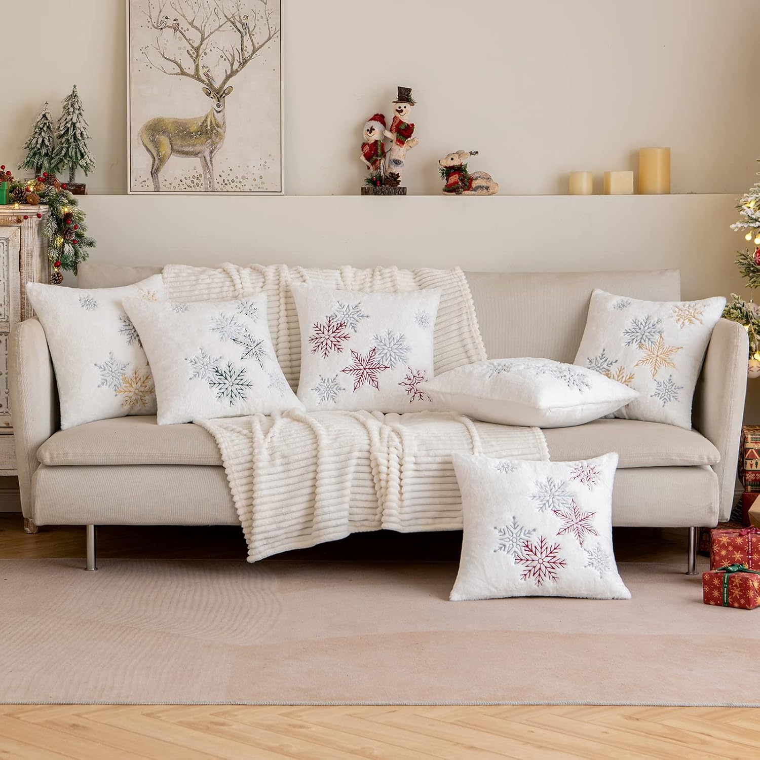 MIULEE Paquete de 2 fundas de almohada decorativas de Navidad, fundas de almohada de piel sintética suave con bordado de copo de nieve, bonitas