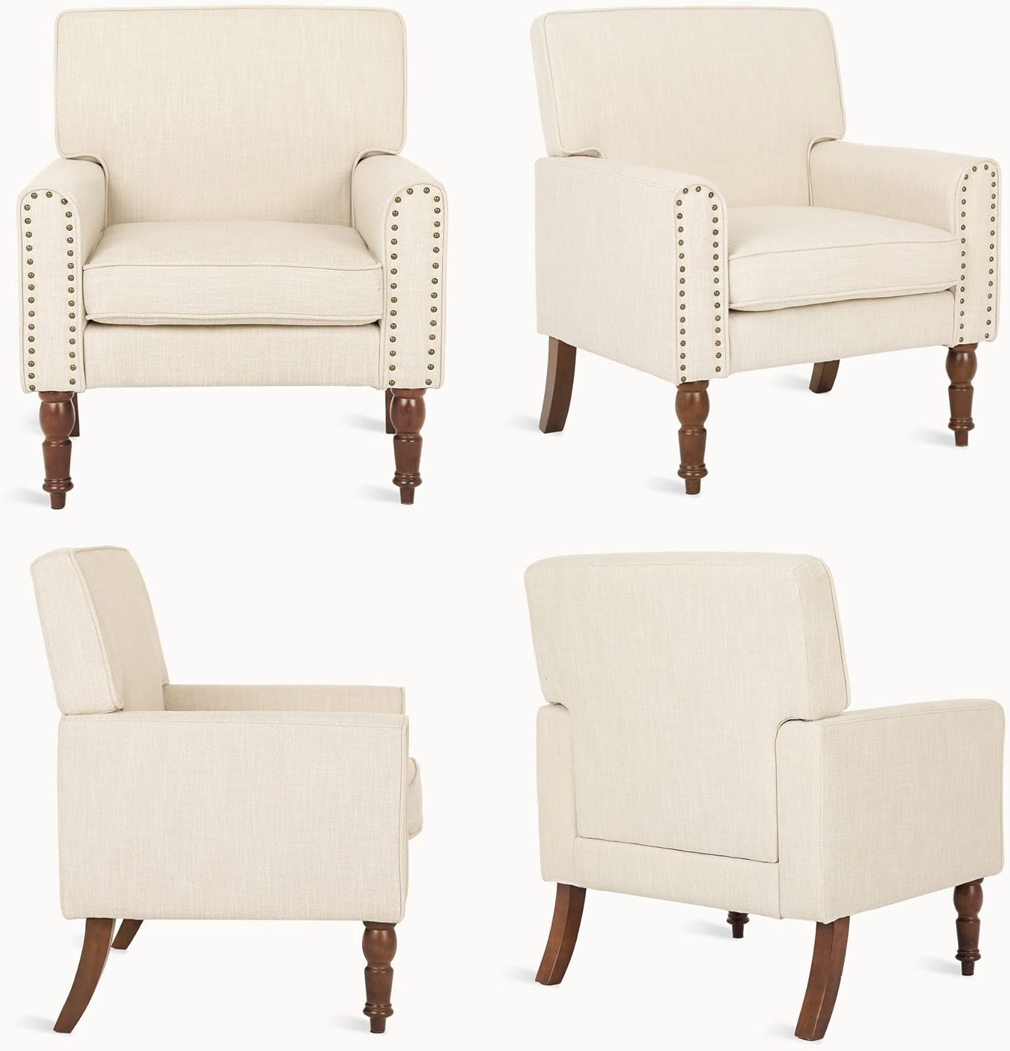 LUE BONA Sillas decorativas de tela de lino, sillas tapizadas beige para sala de estar con ribete de cabeza de clavo, acogedora silla con brazo para