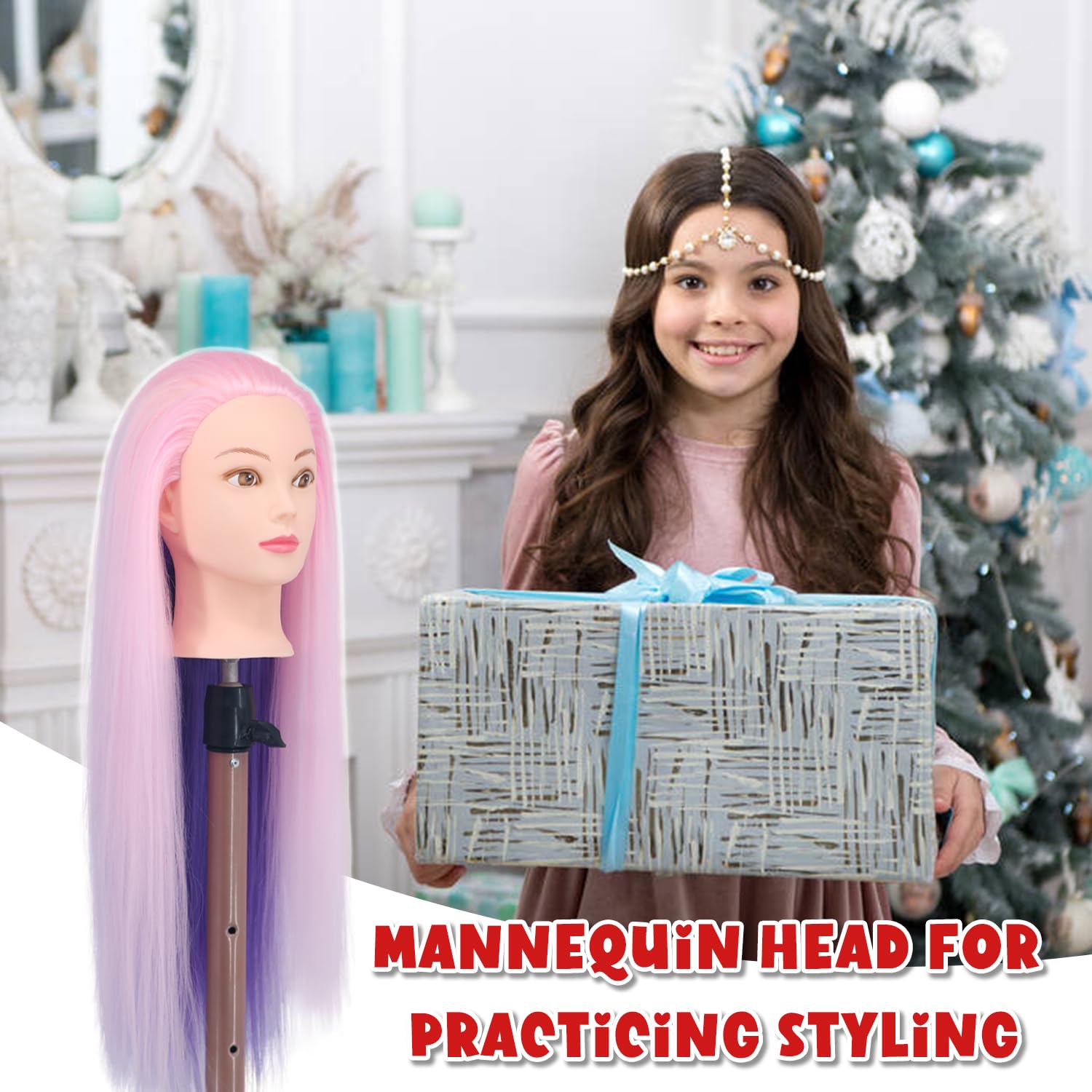 Cabeza de maniquí con cabello, cabeza de muñeca de 29 pulgadas para entrenamiento de peinado, cabeza de maniquí, práctica de maniquí, cosmetología,
