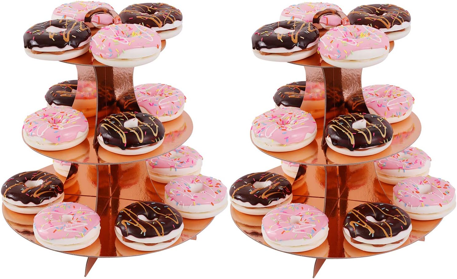 Juego de 2 soportes redondos de cartón de 3 niveles de oro rosa para 24 cupcakes, perfecto para mujeres y niñas, cumpleaños, despedida de soltera,