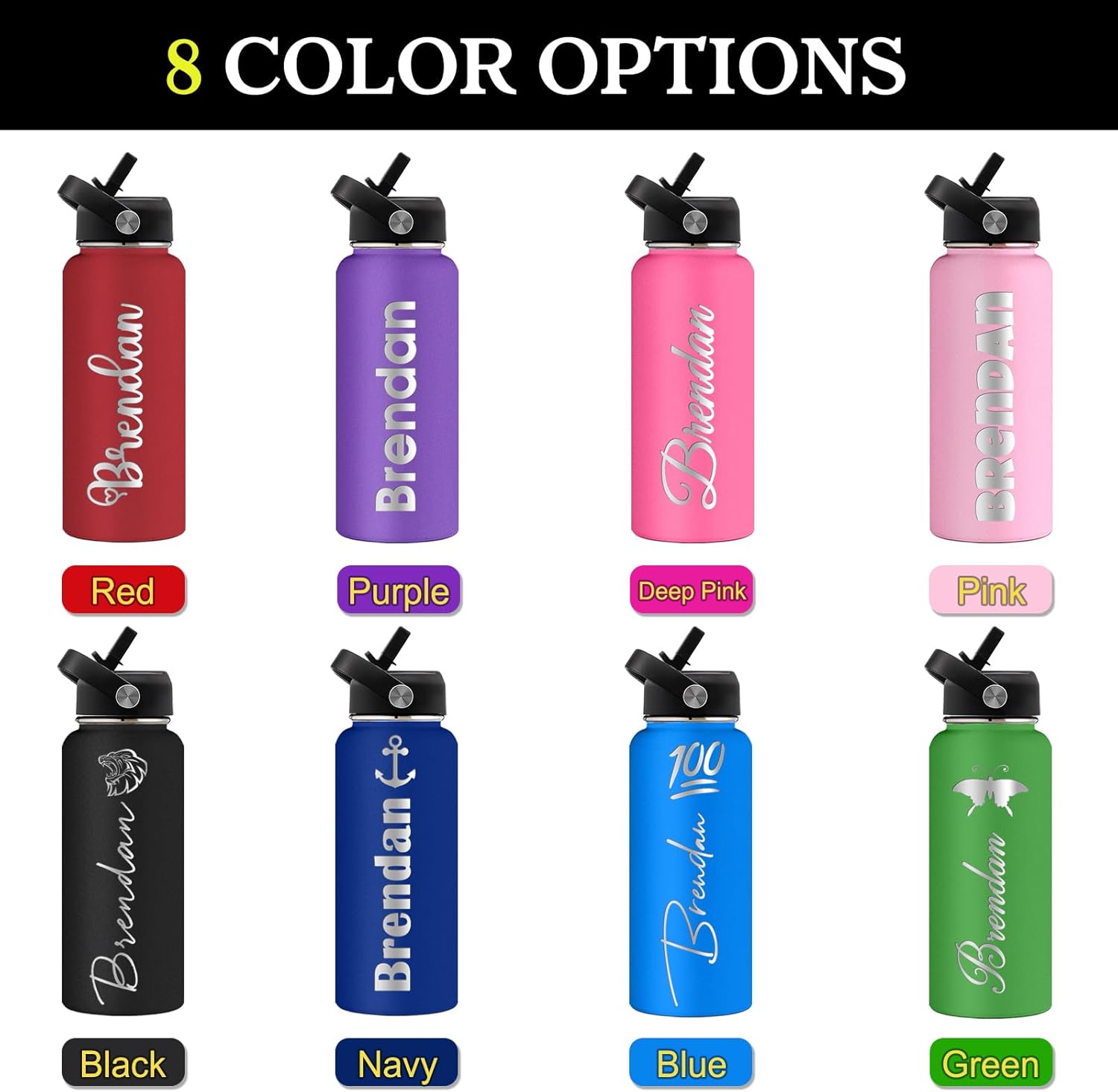 Botellas de agua personalizadas con tapa de popote de 243240 onzas, botellas aisladas de acero inoxidable con nombre, logotipo, regalo personalizado