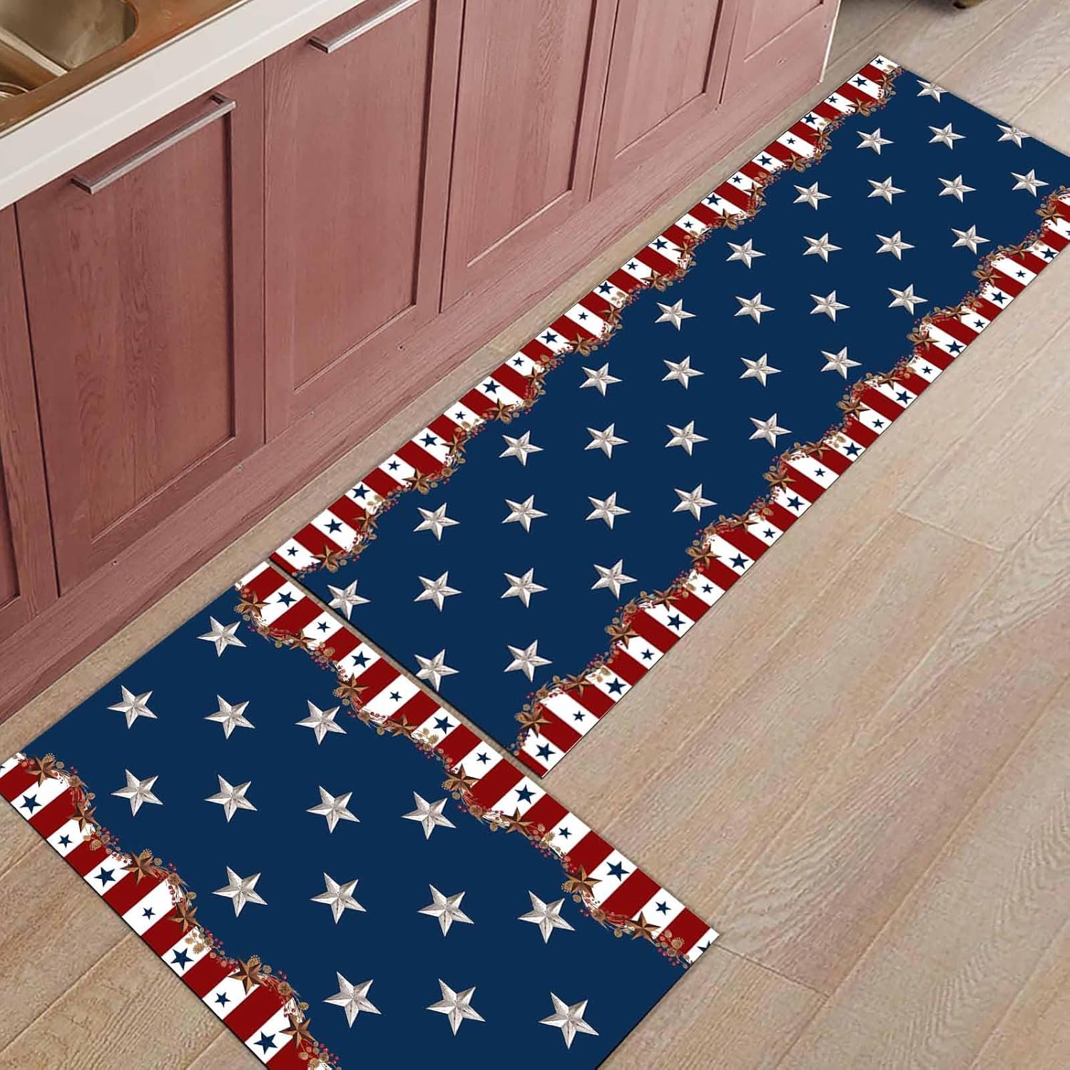 T&H XHome Alfombras y tapetes de cocina para el 4 de julio, Día de la Independencia, bandera de Estados Unidos azul y rojo, estrellas vintage con