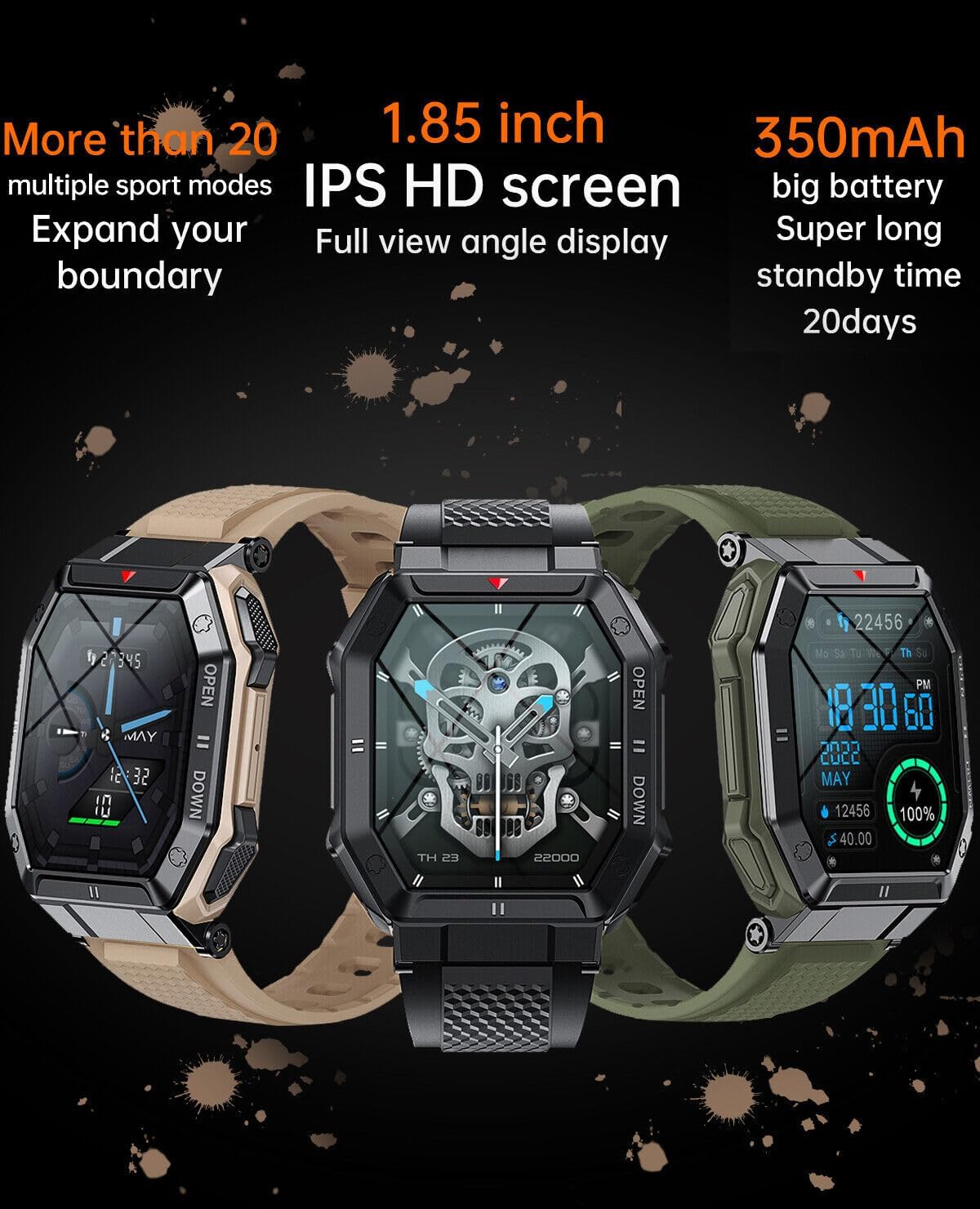 Reloj inteligente militar para iPhone 13 Pro para hombres (respuestahacer llamadas), reloj inteligente táctico HD de 1.85 pulgadas, resistente reloj