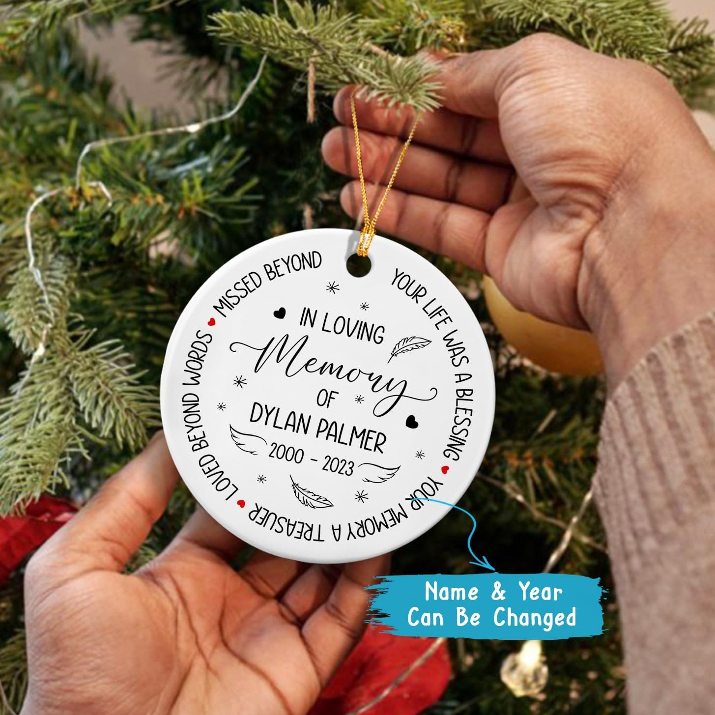 Adorno de Navidad con texto en inglés “In Loving Memory of Loss Loved One, Your Life was A Blessing”, adorno de cerámica conmemorativo personalizado