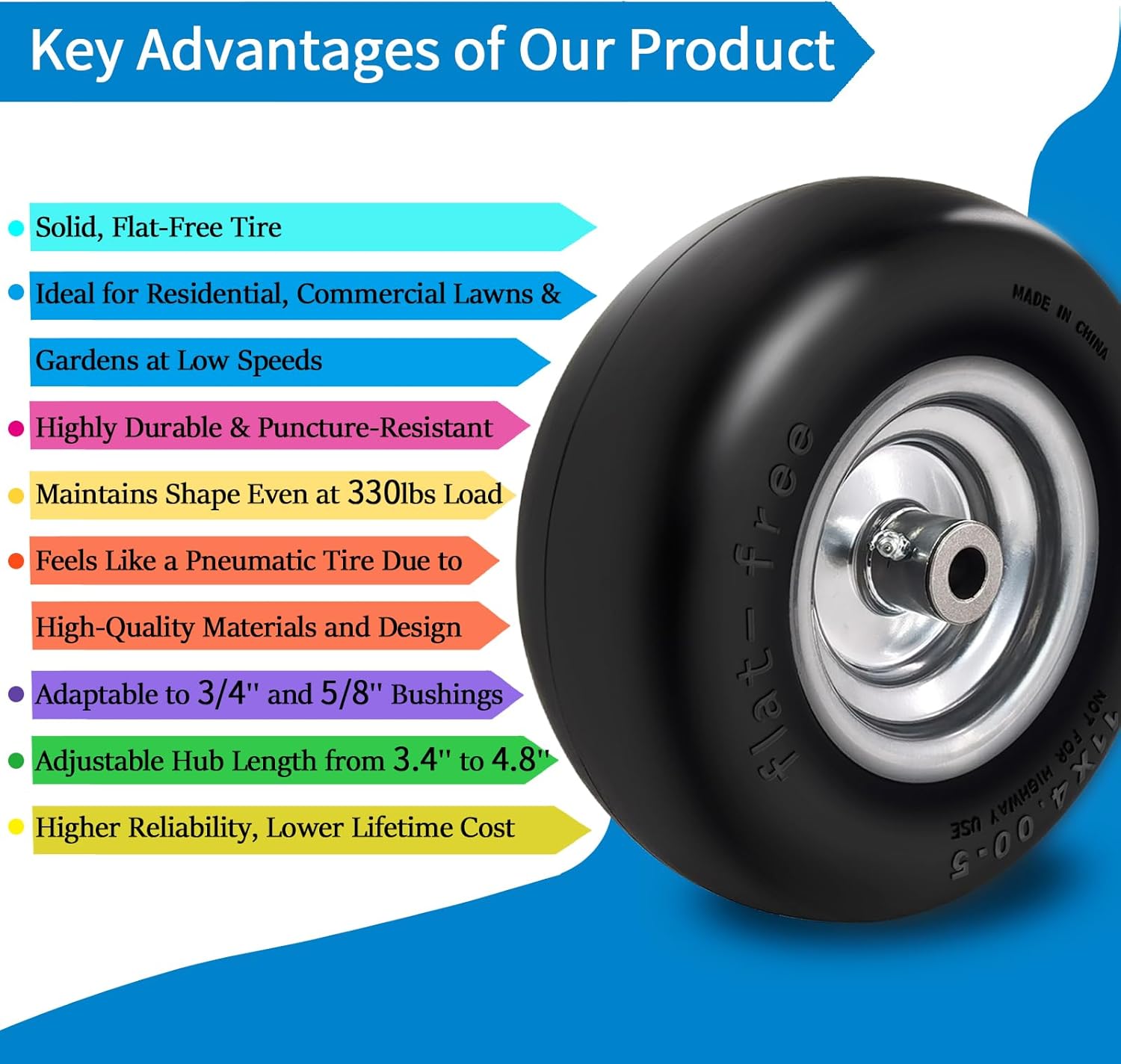 2Pcs Premium 11×4-5 Lawn Mower Tires Flat Free & Zero Turn Mowers, with 34″ & 58″ Grease Bushing and 3.4″-4.8″ Centered Hub, Solution for Commercial