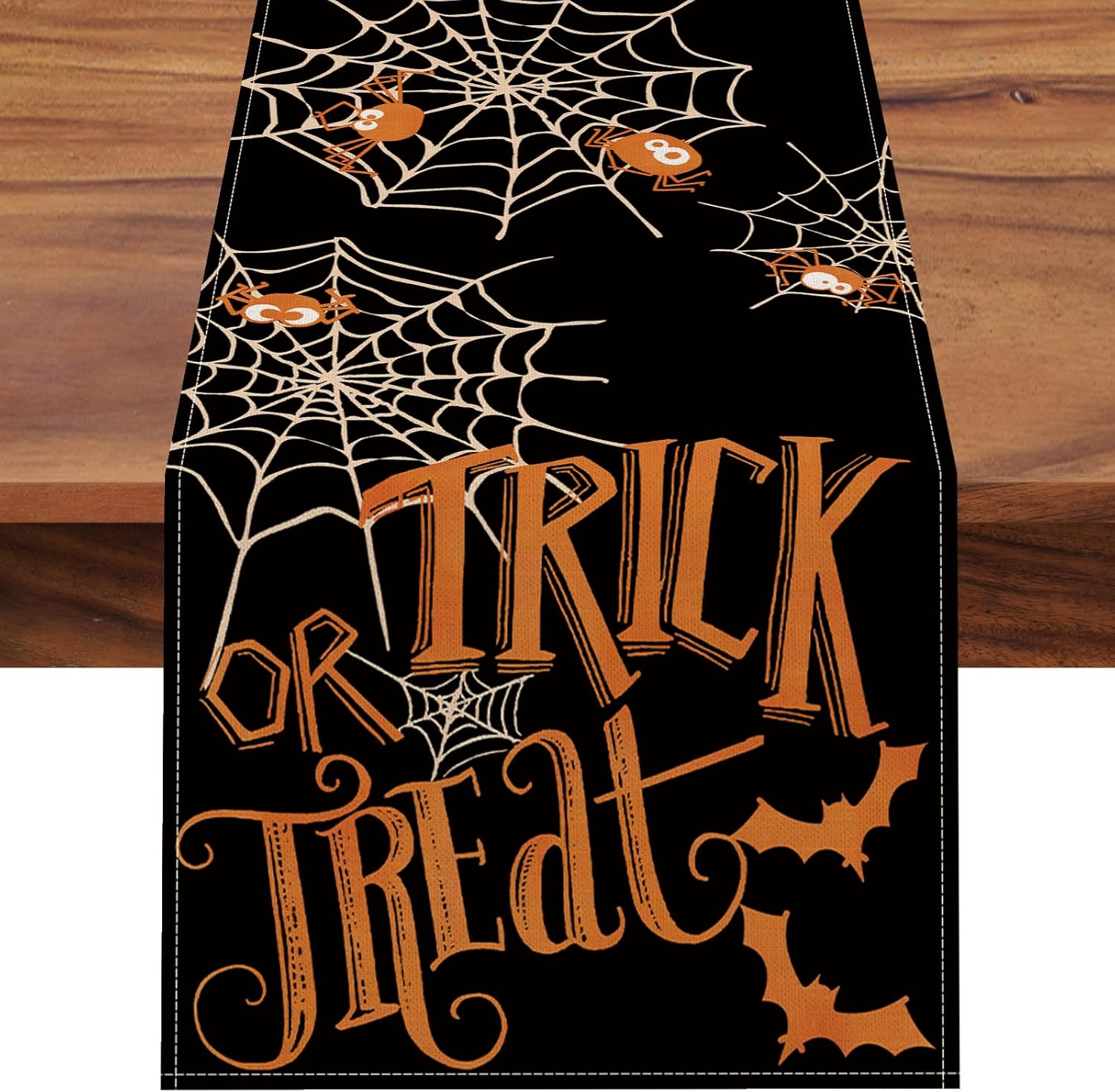 Seliem Camino de mesa de Halloween con texto en inglés “Trick or Treat”, diseño de murciélago de telaraña, negro, divertido decoración de mesa de