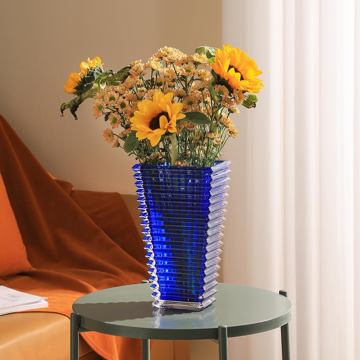 Jarrón de cristal, jarrón de vidrio azul, jarrón de vidrio resistente, jarrones para centros de mesa, florero grande, jarrón de vidrio grande,