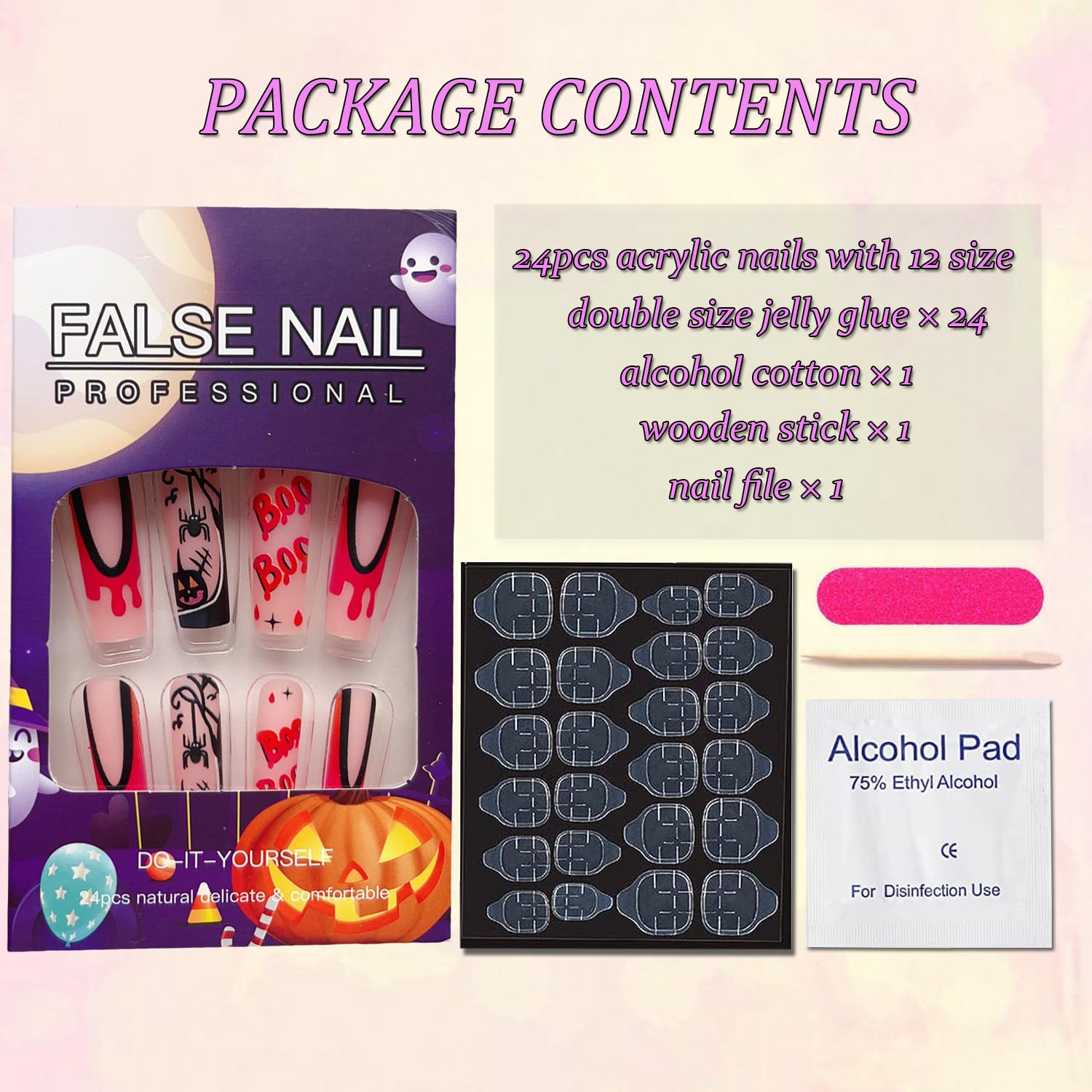 Uñas postizas largas de Halloween, uñas cuadradas a presión, con punta francesa de sangre, uñas con pegamento, uñas de araña largas cuadradas de