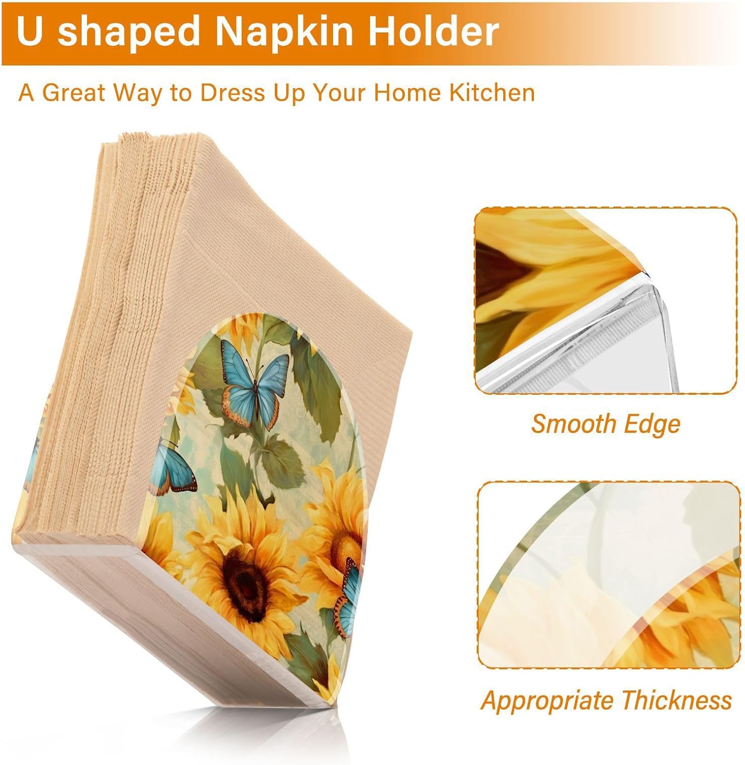 Sunflower and Butterfly Acrylic Napkin Holder Clear Crystal Tissue Paper Dispenser for Table, Kitchen Countertop, Restaurant, Decor