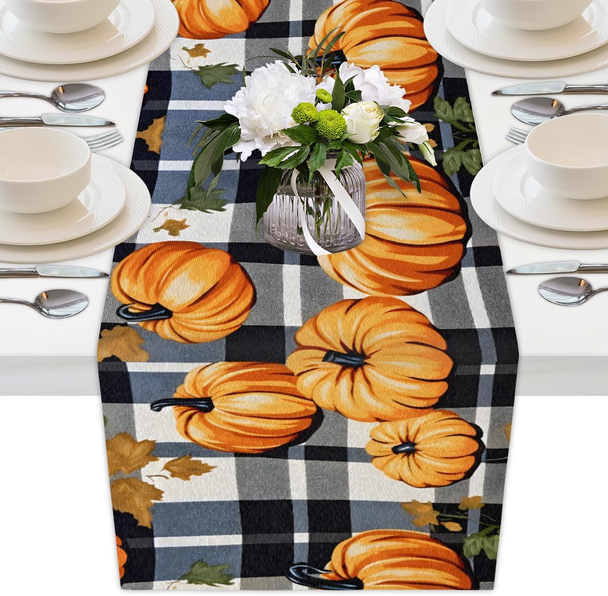 Camino de mesa de calabaza de Acción de Gracias de 13 x 70 pulgadas, caminos a cuadros para decoración de mesa, interiores y exteriores, festivales,