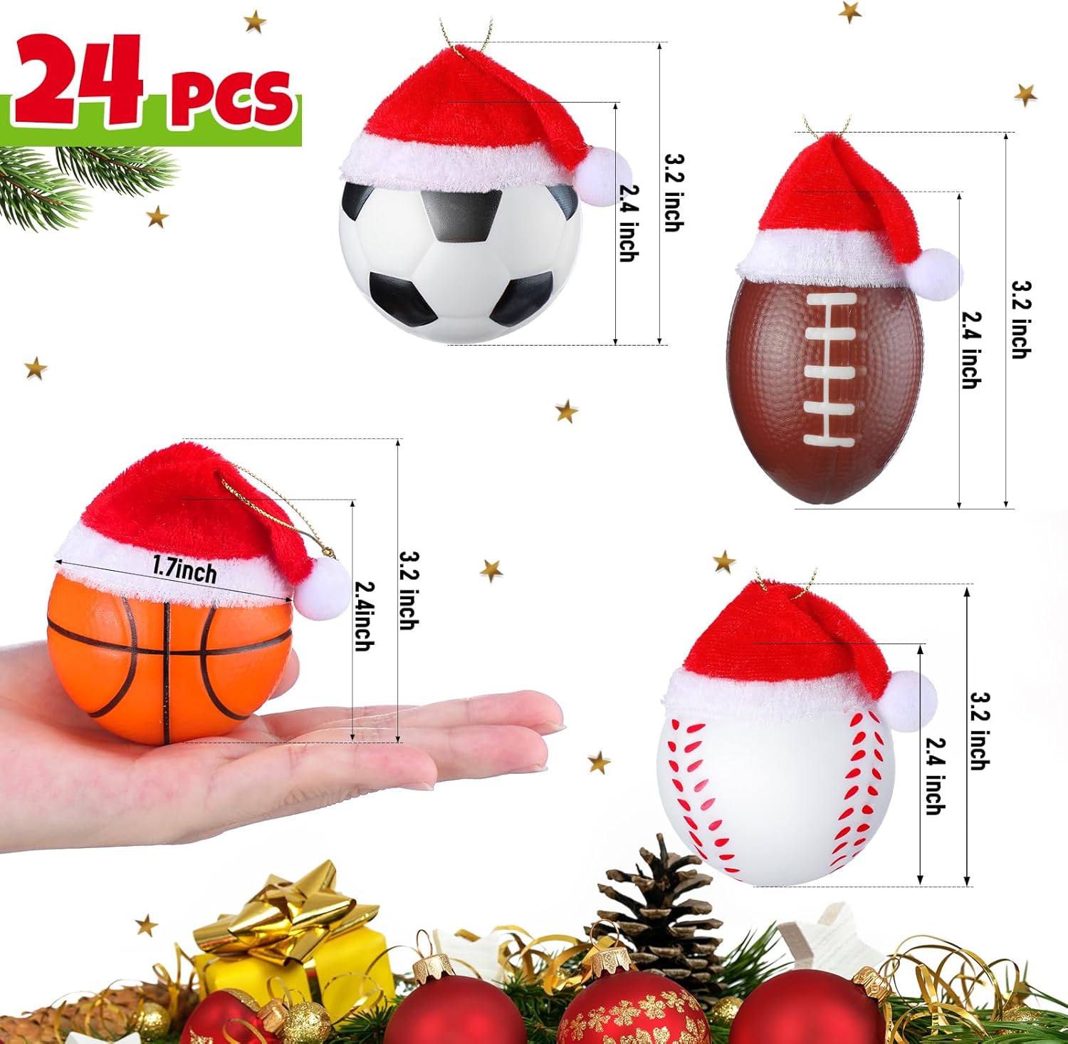 24 bolas deportivas de Navidad con sombrero de Papá Noel extraíble para adornos de árbol de Navidad, regalos de Navidad, decoración del hogar,