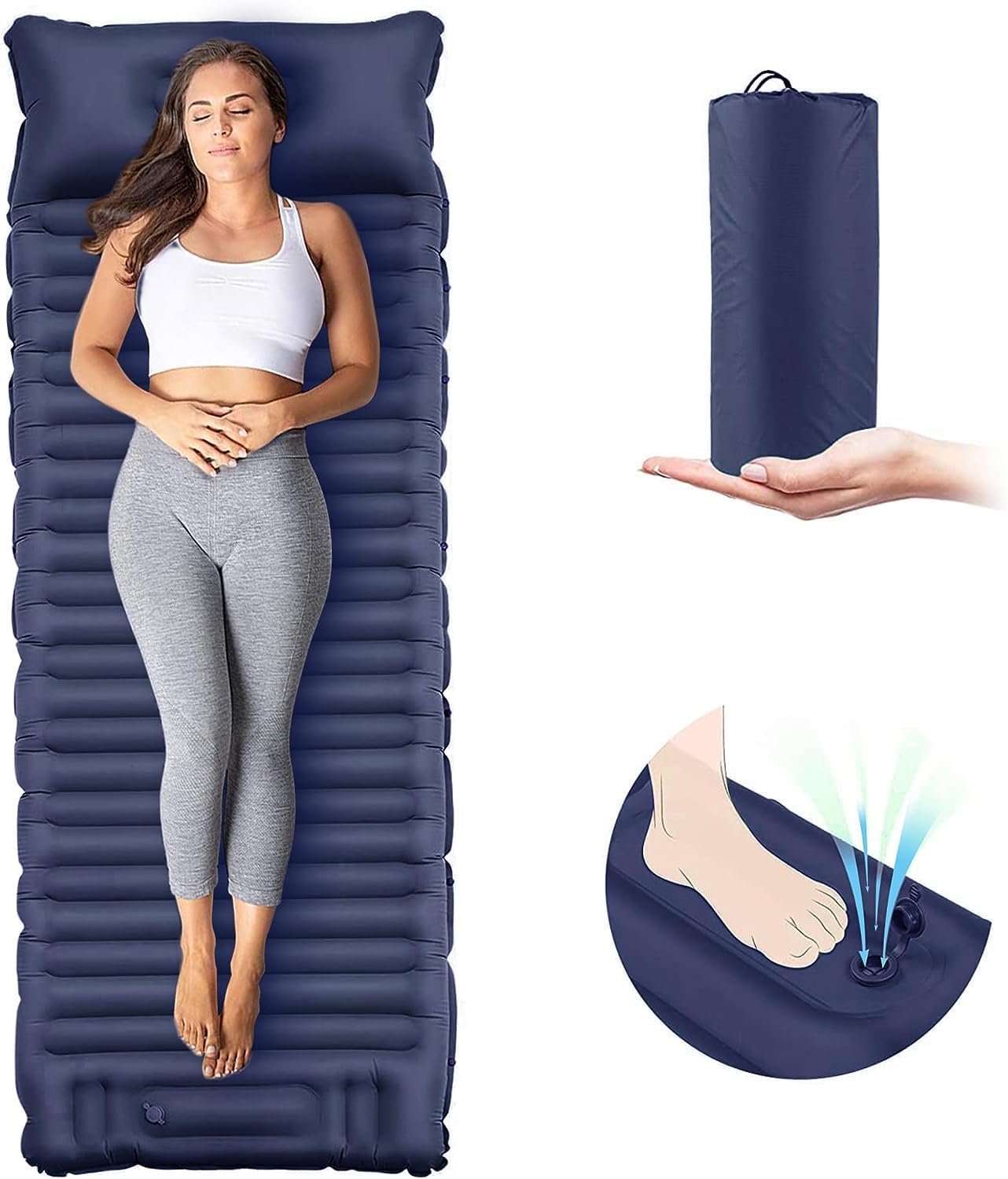 EULANT Colchoneta de dormir autoinflable para acampar con almohada, almohadilla de dormir inflable gruesa con bomba incorporada, colchón de aire