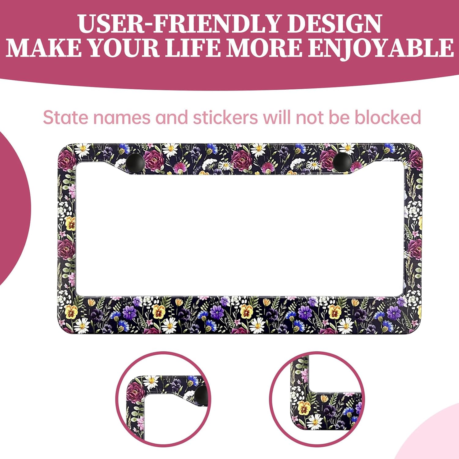 LIN KANG Marco de matrícula de flores coloridas  Paquete de 2 marcos de matrícula universales de aluminio artísticos florales para mujer, cubierta