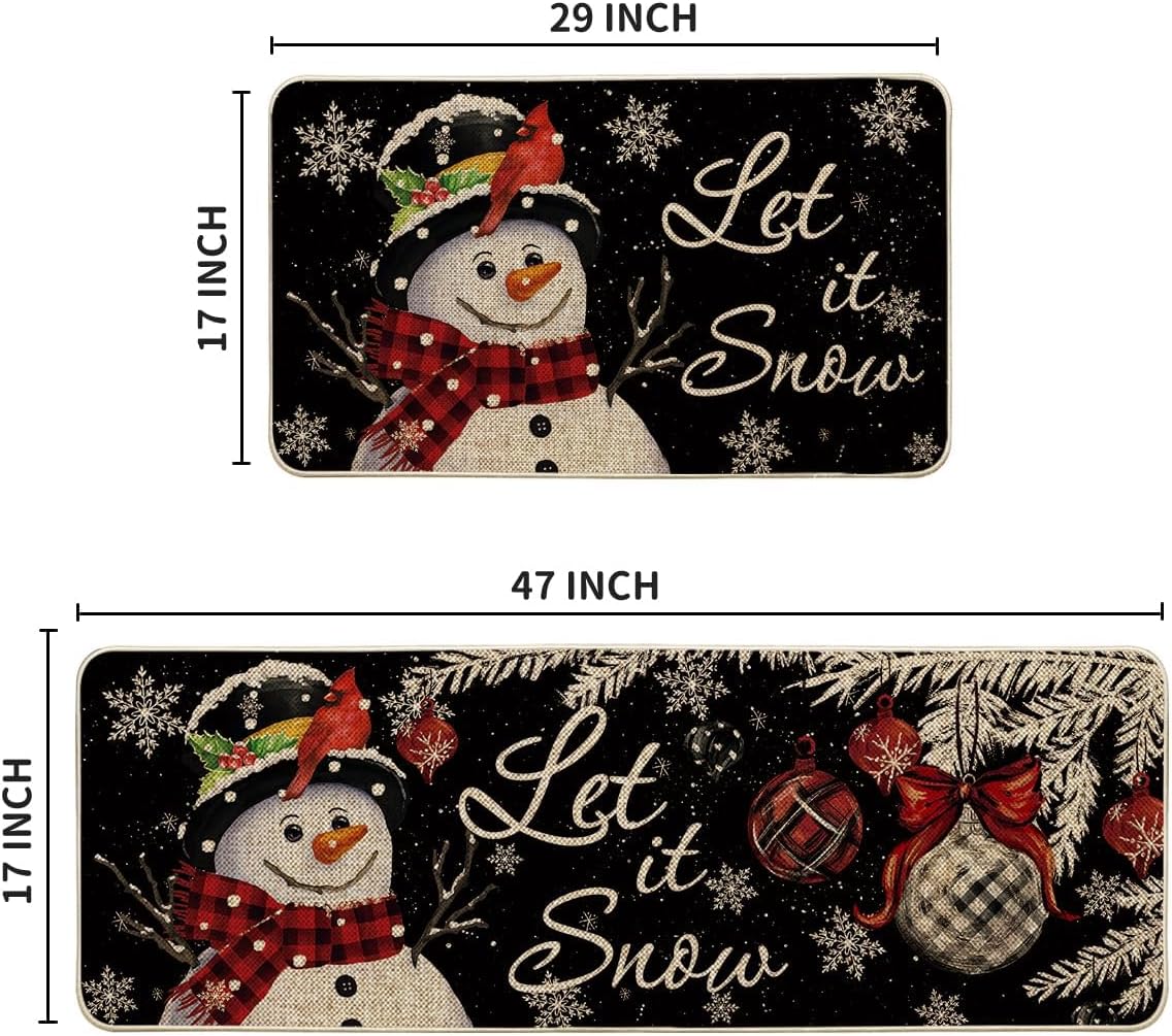 Artoid Mode Juego de 2 tapetes de cocina de Navidad con diseño de muñeco de nieve y copo de nieve negro, decoración del hogar, alfombras de cocina
