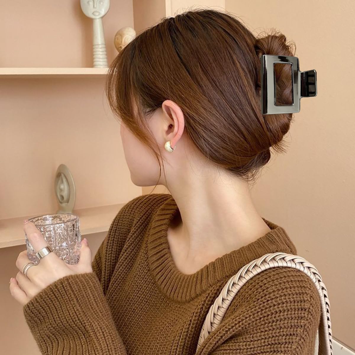 Pinzas para el cabello pequeñas de metal negro para mujer, diseño geométrico cuadrado francés, pasadores para el cabello, accesorios para el cabello