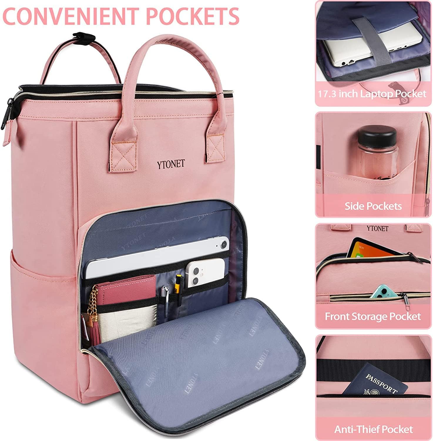 Ytonet Mochila rosa para laptop, mochila de transporte de 17.3 pulgadas para mujeres, profesores, enfermeras con puerto de carga USB, gran
