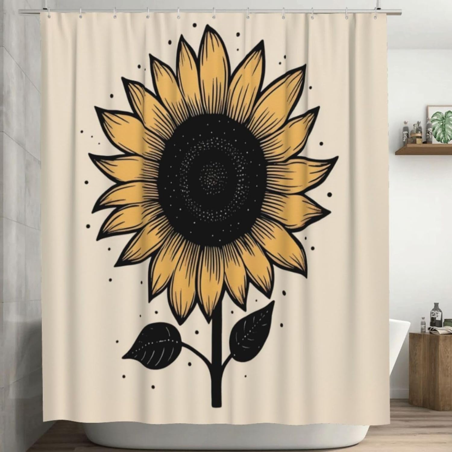 YLATY2371 – Cortina de ducha con diseño de girasoles para baño, pétalos florales amarillos, hojas negras, juego de cortina de ducha bohemia, tela
