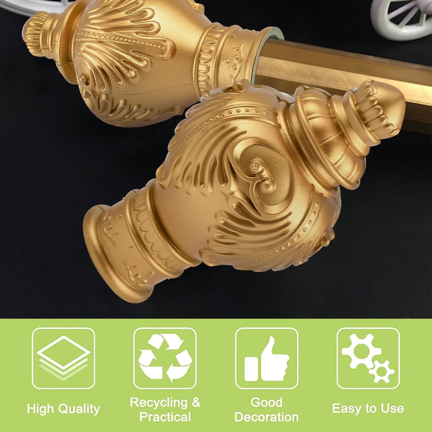 UFURMATE Remates de cortina, 6 piezas de plástico dorado para cortinas, barra de cortina, tapa decorativa para ventana, extremo de cortinero,