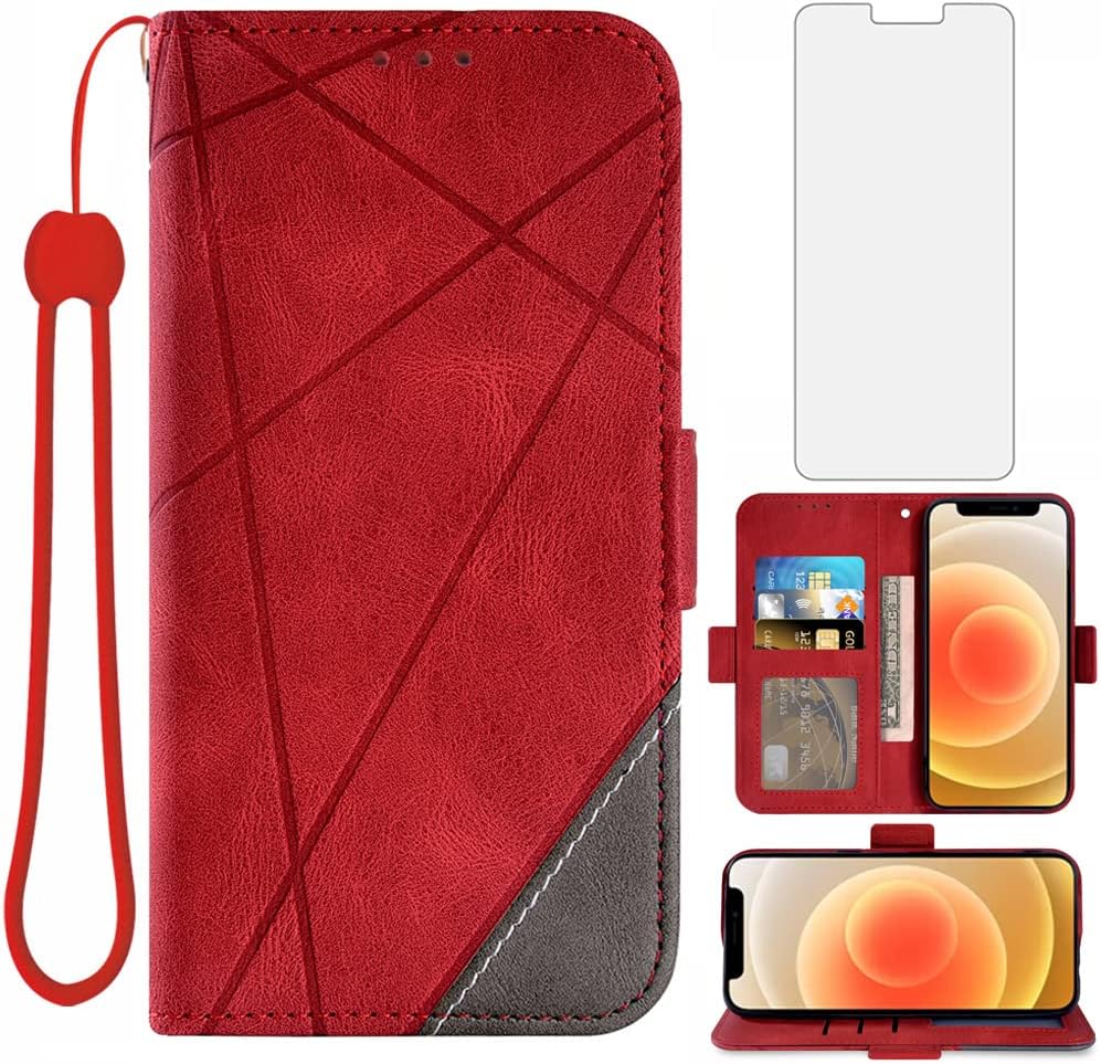 Asuwish Compatible con iPhone 12 Mini 5.4 Funda tipo cartera y protector de pantalla de vidrio templado, soporte de ranura para tarjetas, soporte