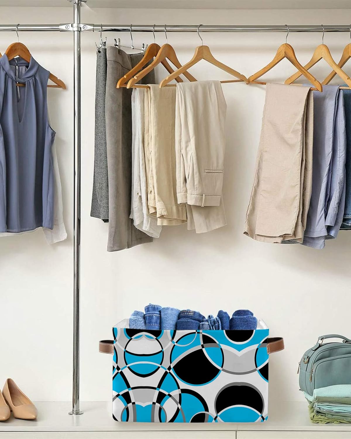 Blue Black Geometric Storage Basket for Organizing Shelves, Collapsible Storage Bins Boxes with Handle, Modern White Abstract Art Canvas Hamper