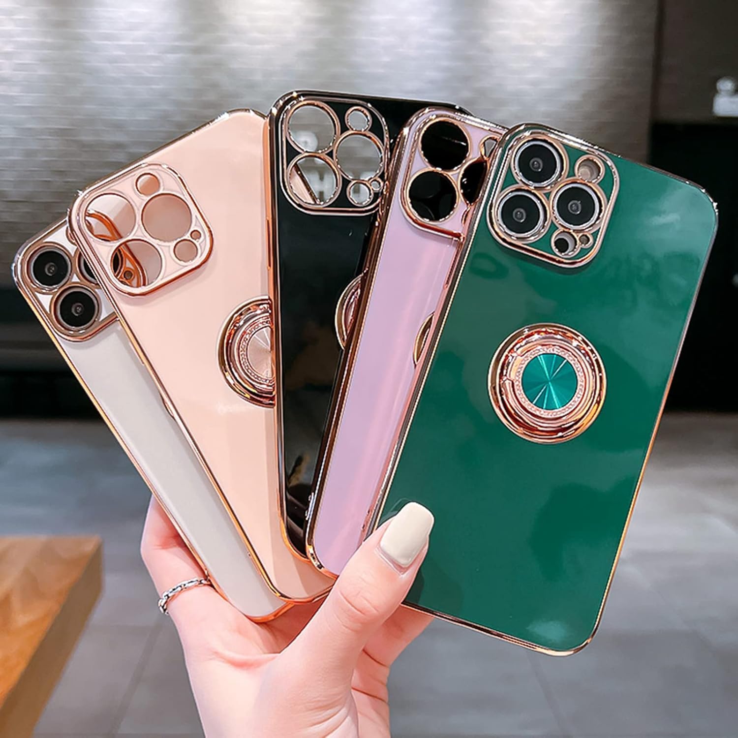 Funda para iPhone 15 Plus con soporte de anillo con chapado de diamante brillante, borde de oro rosa integrado, soporte magnético de rotación 360