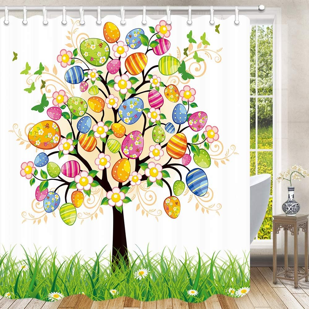 JAWO Cortina de ducha de Pascua, huevos de Pascua, cortina de ducha de huevos de Pascua, huevos pintados, flores florales, mariposas, cortinas de