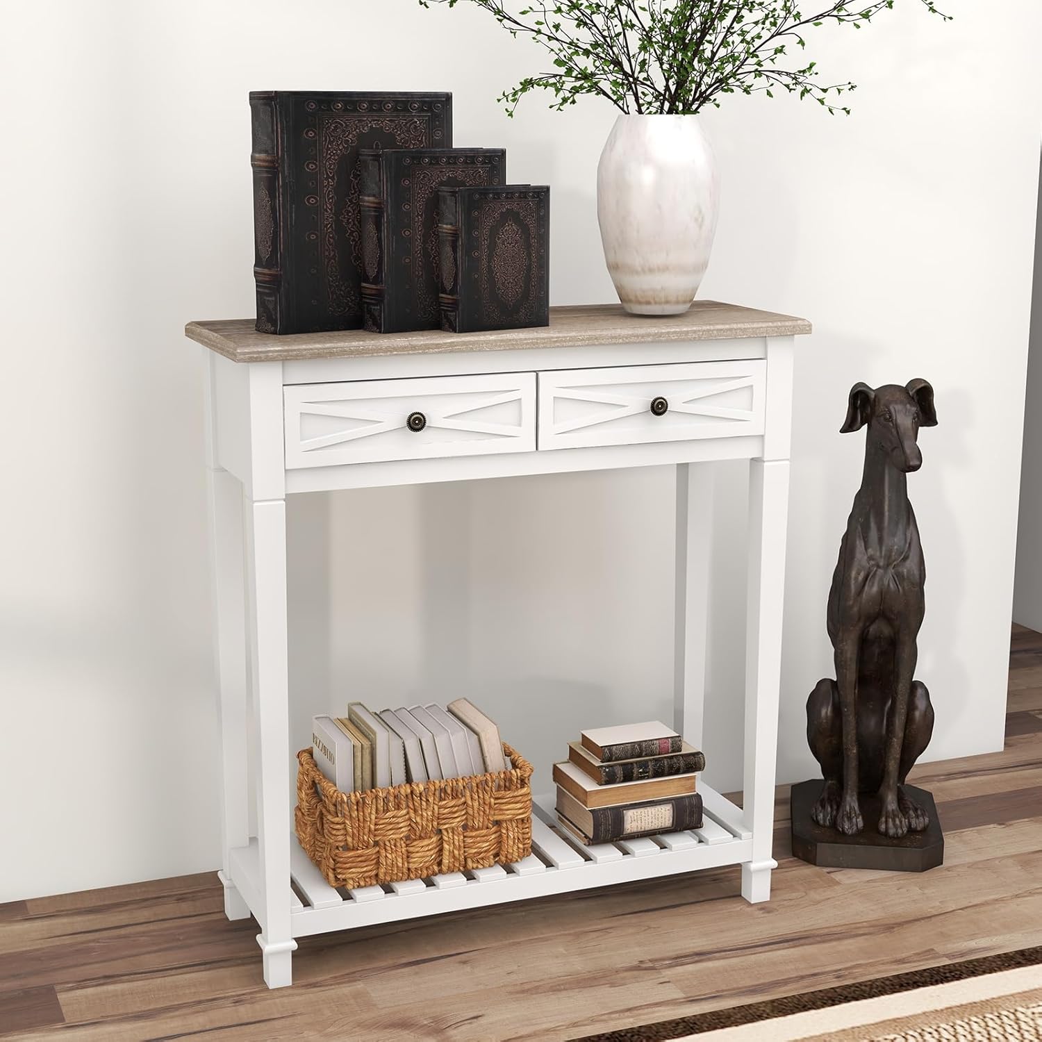 kinbor Mesa de entrada, mesa consola blanca con 2 cajones, mesa consola pequeña estrecha con estante de almacenamiento para entrada, sala de estar,