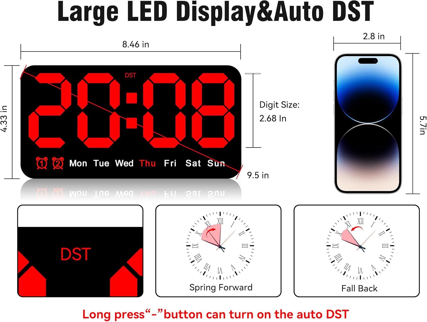 Triangle Plum Reloj de pared digital grande, 9.5 pulgadas, despertador LED con dígitos grandes, DST, alarma doble, brillo de 3 niveles para sala de