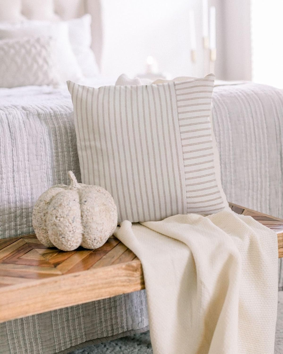 Fundas de almohada de retazos caqui y beige de 20 x 20 pulgadas, paquete de 2 fundas de almohada decorativas de lino a rayas para sofá, silla,
