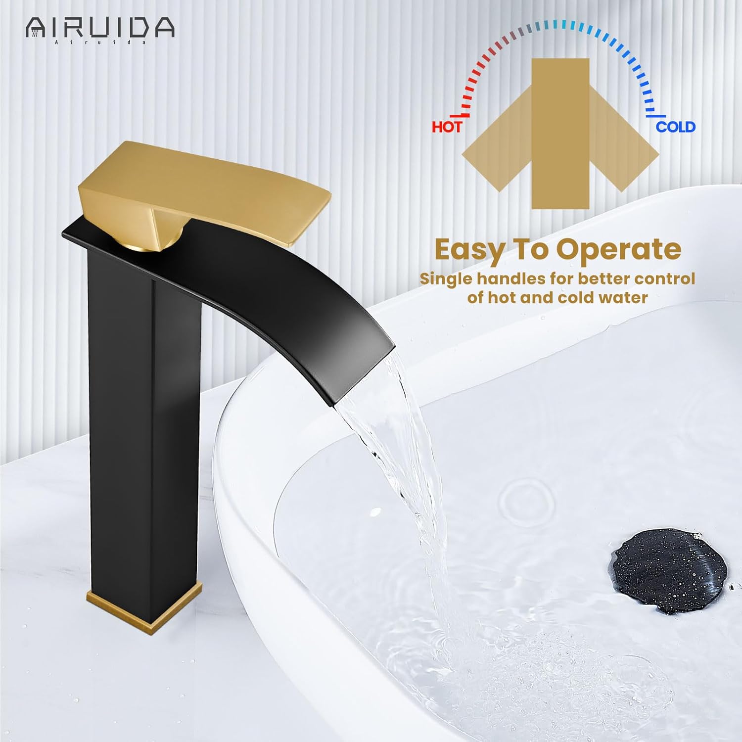 Airuida Grifo de lavabo alto para baño, color negro mate y oro cepillado, moderno solo agujero de una sola manija, estilo granja, lavabo montado en